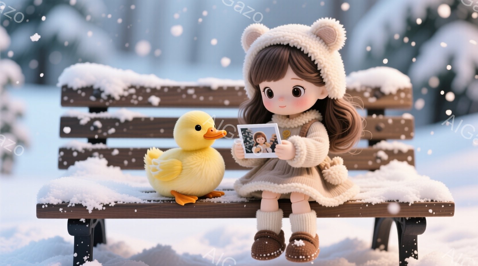 雪が降り積もる公園のベンチに、少女と黄色いアヒルのぬいぐるみが座っています。少女は茶色の髪を三つ編みにし、クリーム色の帽子とコートを着て、茶色のブーツを履いています。彼女は手に小さな写真を持っており、物憂げな表情でそれを眺めています。