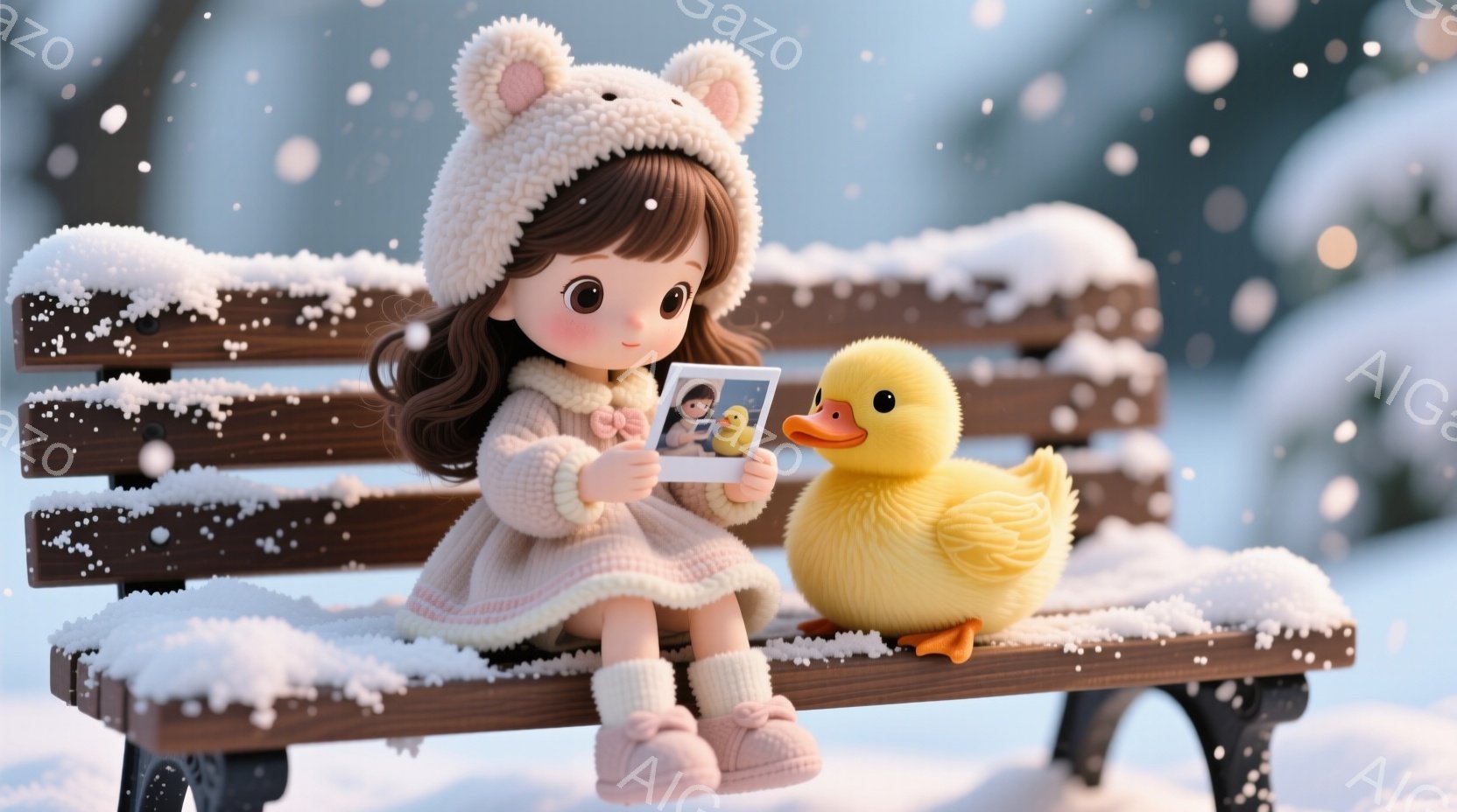 雪が降る中、茶色のベンチに座った少女と黄色いヒヨコが描かれています。少女はクリーム色のセーターと、ピンク色のブーツとソックスを着用し、耳の付いた帽子をかぶっています。彼女はヒヨコと一緒に写っている写真を手に持ち、穏やかな表情でそれを見つめています。