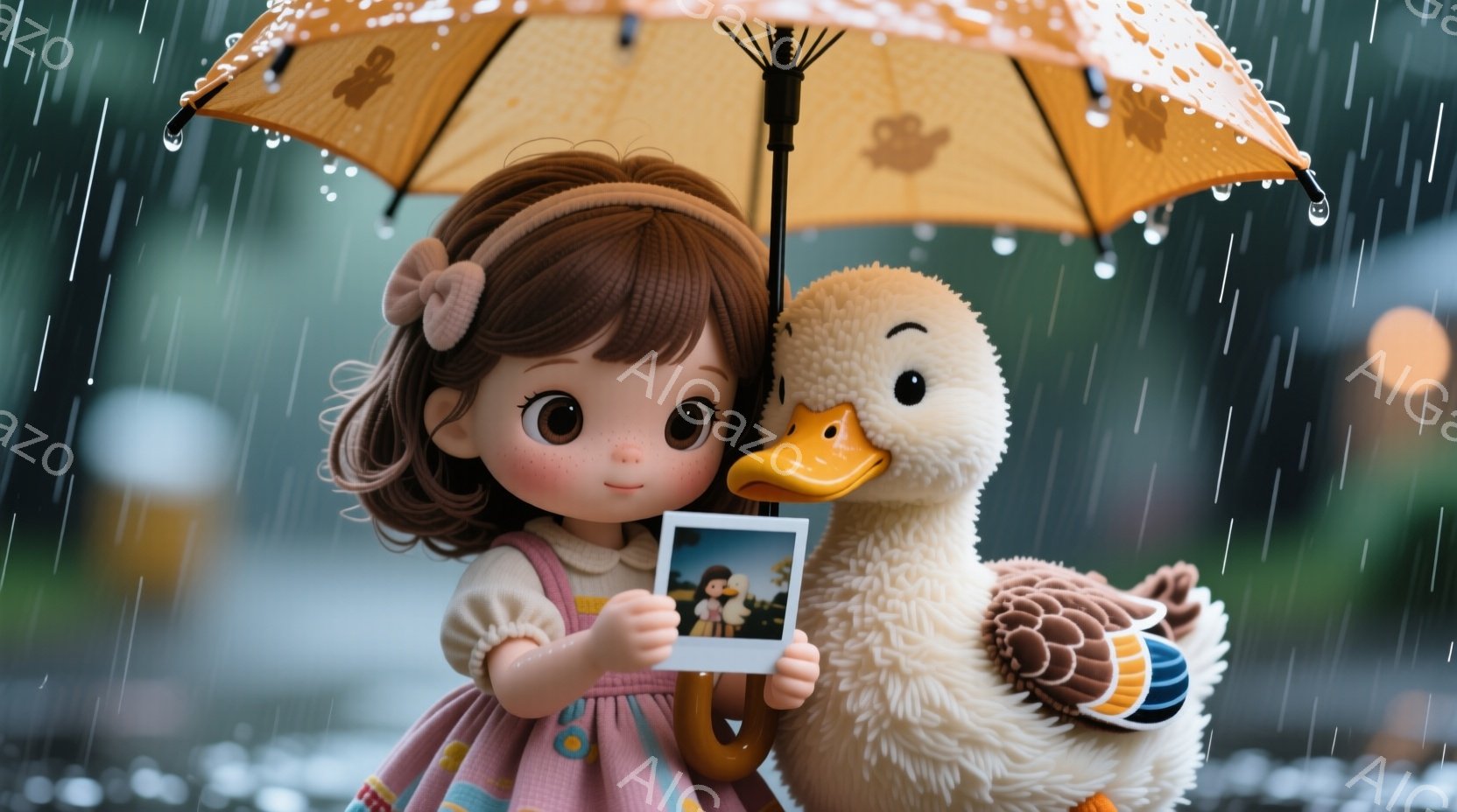 雨が降る中、少女とアヒルの置物が寄り添って立っています。少女はピンク色のフリルドレスを着ており、茶色の巻き毛に大きな瞳が特徴的です。彼女は小さな写真を持っており、雨の中、どこか懐かしい表情をしています。