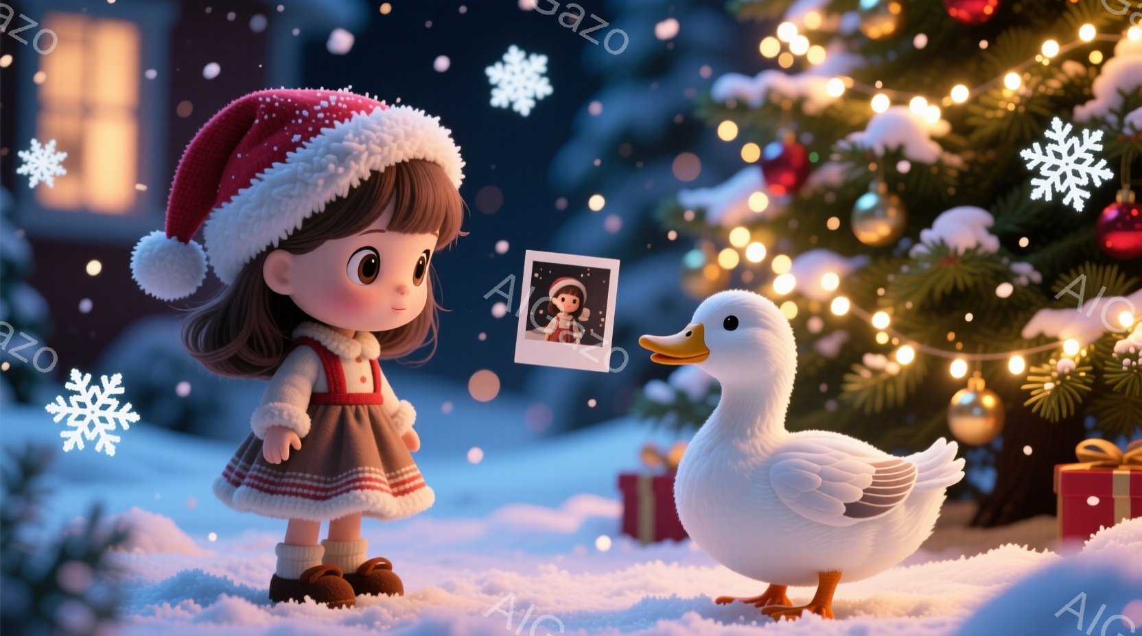 小さな女の子が赤い帽子と茶色のワンピースを着て雪の上に立っています。彼女の髪は茶色で、彼女の顔にはわずかな笑顔が見られます。背景にはクリスマスツリーが光り、雪が舞い散る冬の夜の暖かく幻想的な雰囲気が漂 - AI生成フリー素材