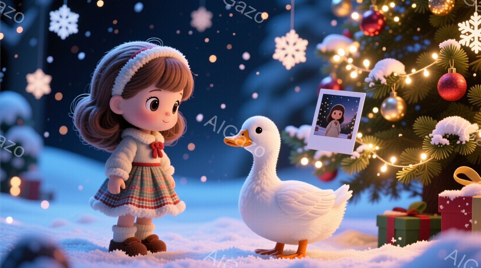 雪が降る夜、クリスマスの飾り付けられたモミの木の前で、幼い女の子と白いアヒルがいます。女の子は赤いヘアバンドで髪を結い、緑と赤のチェック柄のドレスと茶色のブーツを履いています。アヒルは女の子の前に立っており、モミの木には彼女の写真が飾られています。