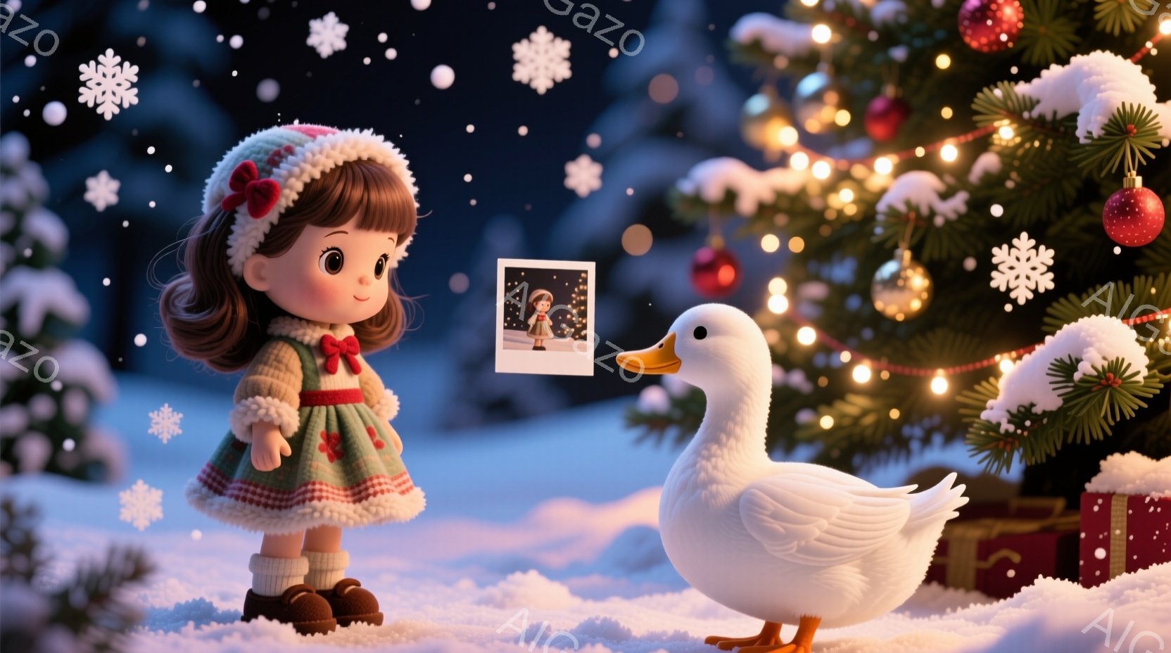 雪が舞う冬の背景に、赤い帽子と緑のワンピースを着た少女と白いアヒルの姿があります。少女は髪を三つ編みにし、丸い顔と大きな瞳が特徴的で、わずかに微笑んでいるように見えます。背景にはクリスマスツリーが飾られ、プレゼントの箱も置かれており、温かく幻想的な雰囲気が漂っています。