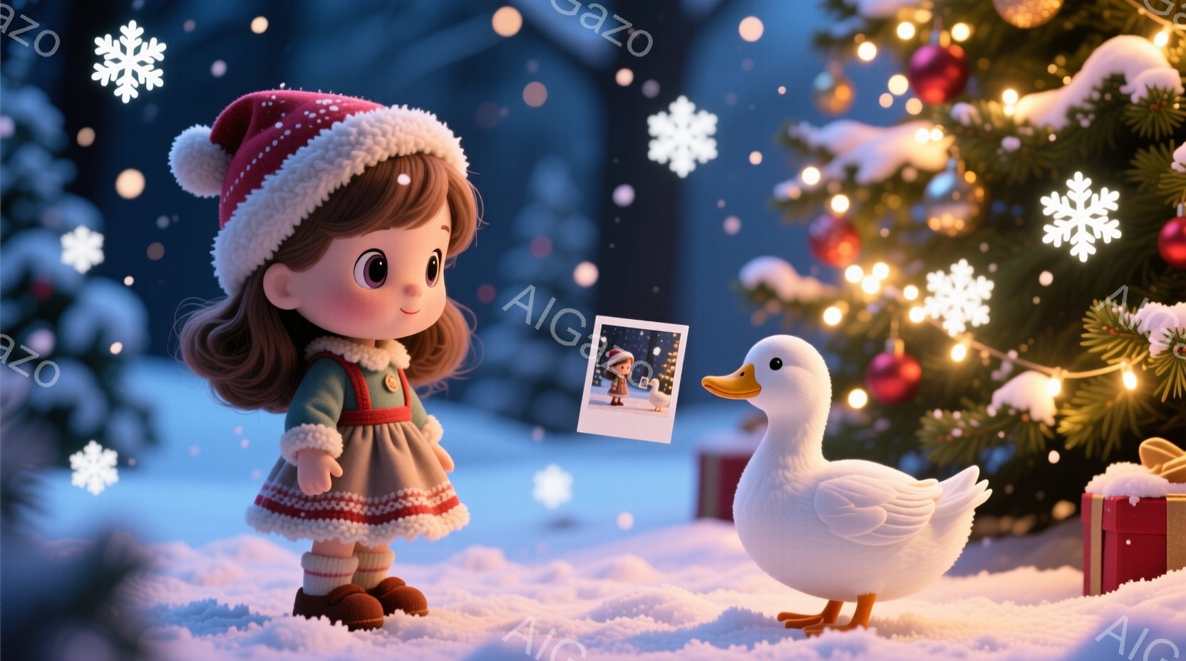 小さな女の子は赤い帽子と、緑の縁取りのある暖かい茶色のワンピースを着ています。彼女は大きな目で微笑んでおり、手には写真を持っています。背景には、キラキラと輝く雪と飾り付けられたクリスマスツリー、そして赤いプレゼント箱があり、冬の暖かく幻想的な雰囲気を醸し出しています。
