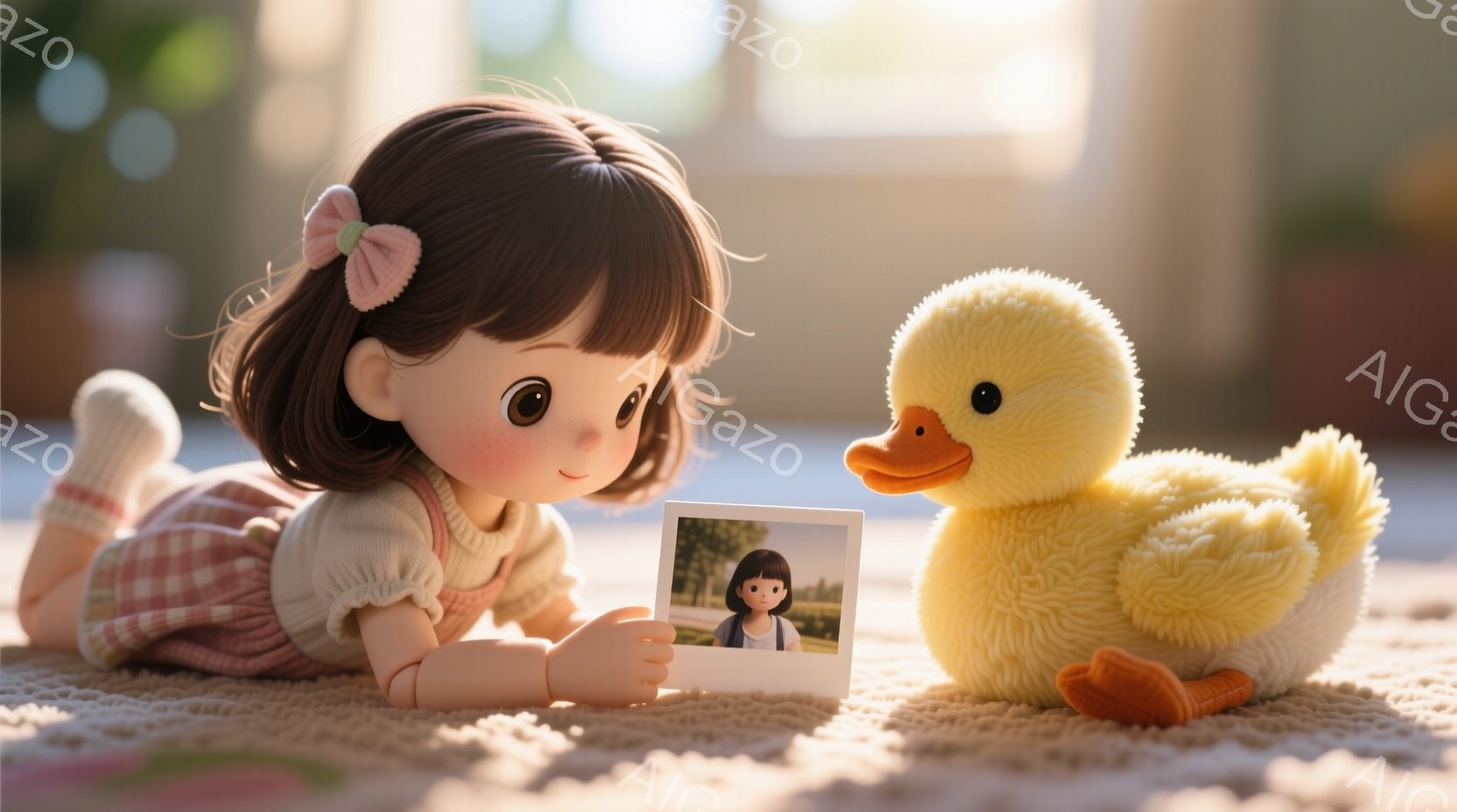 金髪の巻き毛の少女が、チェック柄のピンクのオーバーオールとクリーム色のブラウスを着て、床にうつ伏せになっています。彼女は小さな写真を見ており、その写真には別の少女が写っています。黄色のふわふわしたアヒルのぬいぐるみが彼女の隣に座っており、全体的に暖かく、ノスタルジックな雰囲気が漂っています。