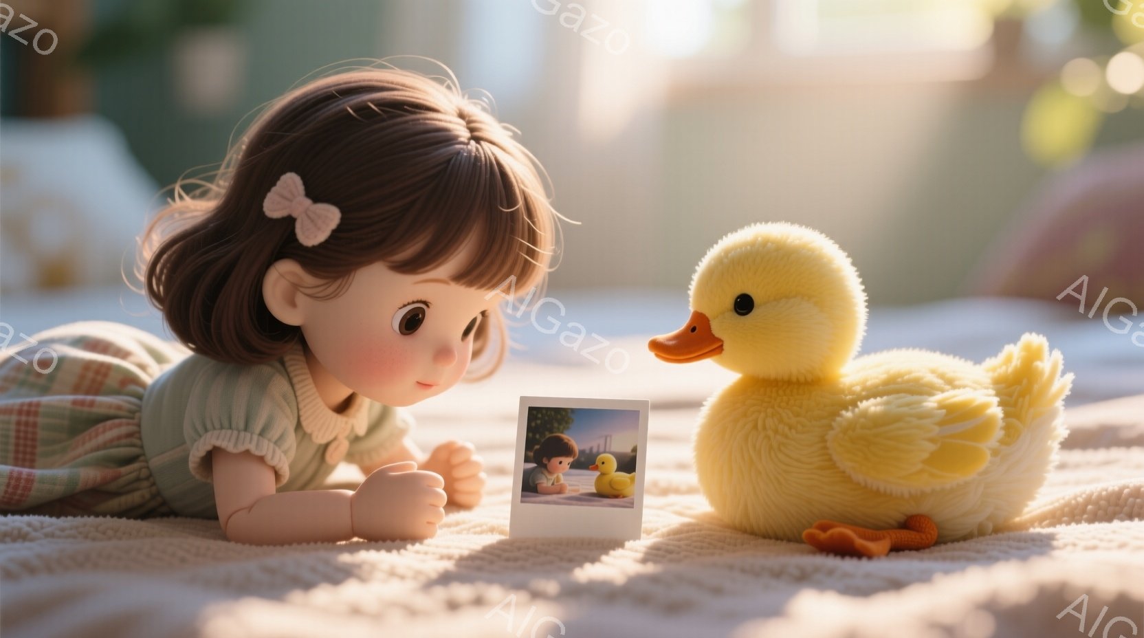 金髪の巻き毛の少女が、水色のギンガムチェックのワンピースを着て、ひざまずいて白い背景の上にいます。彼女はインスタントカメラで撮影された、彼女と黄色いアヒルの写真を見つめており、顔には穏やかな微笑みが浮かんでいます。背景はぼやけており、温かく優しい雰囲気が漂っています。