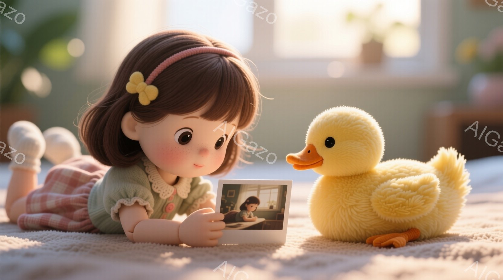 明るい部屋の床に横たわる幼い女の子が、小さな写真を見つめています。ピンク色のリボンで結んだ茶色の髪と、水色の縁取りが施されたクリーム色のセーターを着ています。隣にはふわふわの黄色いアヒルのぬいぐるみがおり、温かく穏やかな雰囲気が漂っています。