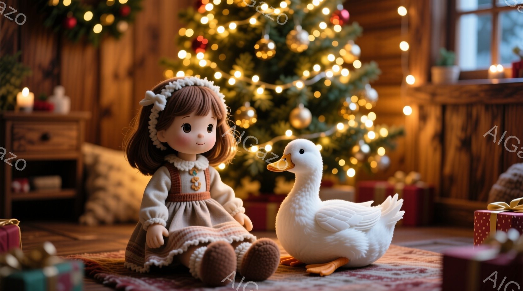 明るい室内には、クリスマスの飾り付けがされたクリスマスツリーが光り輝いています。小さな女の子の人形は、クリーム色のワンピースと赤いリボン、ゆるく巻いた茶色の髪で、膝を抱えて座り、白いアヒルの置物が隣にいます。床にはプレゼントボックスが散らばり、暖かく、お祝いの雰囲気が漂っています。