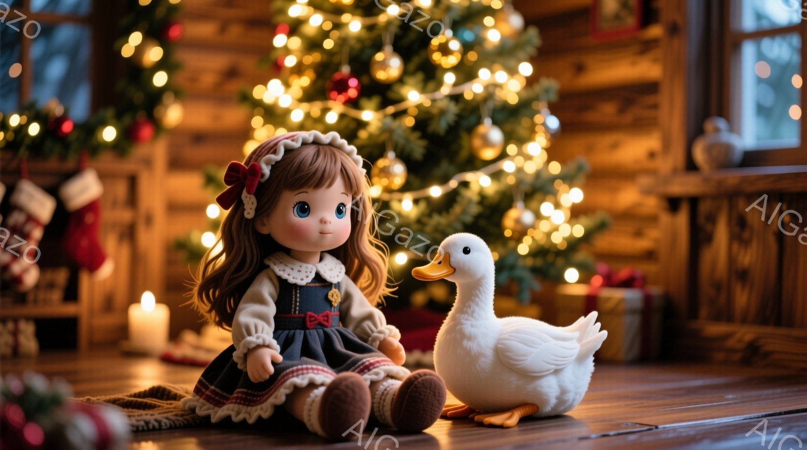 明るいクリスマスの背景の中で、赤いリボンと金髪のウェーブヘアの女の子の人形が座っています。彼女はネイビーのドレスにチェックのスカート、白いエプロンをつけており、穏やかな表情を浮かべています。人形の隣には白いアヒルのぬいぐるみがあり、木製の床とクリスマスツリー、そしてキャンドルとプレゼントが暖かく、心地よい雰囲気を醸し出しています。