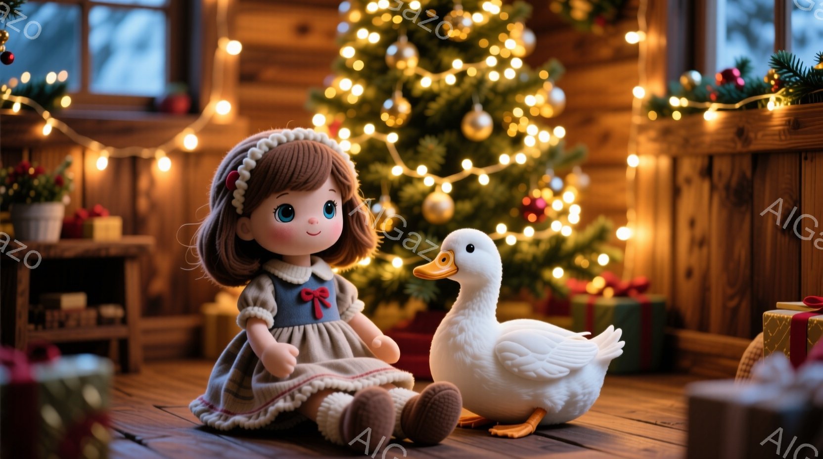 少女は灰色のドレスに赤いリボンをつけ、茶色のブーツを履いています。彼女は座って、笑顔で前を見つめており、そばには白いアヒルのぬいぐるみが立っています。背景にはクリスマスツリーが輝き、プレゼントの箱と木 - AI生成フリー素材