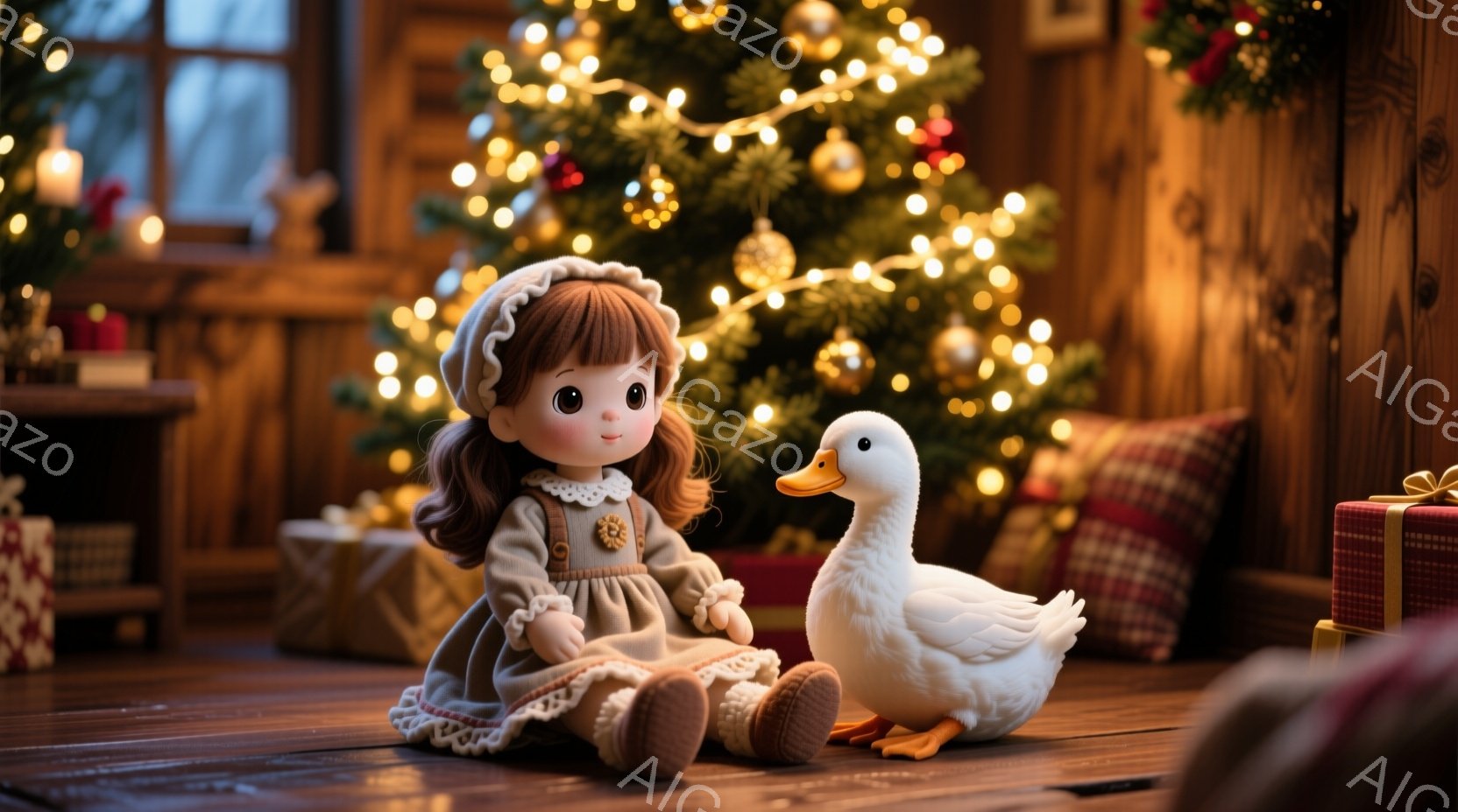 温かい光に包まれた部屋で、茶色のワンピースを着た少女の人形と白いアヒルのぬいぐるみが並んで座っています。人形は明るい茶色の巻き毛に、白いフリルが付いた帽子を被り、穏やかな表情をしています。背景にはクリスマスツリーが飾られ、プレゼントボックスが置かれ、クリスマスの温かい雰囲気が漂っています。