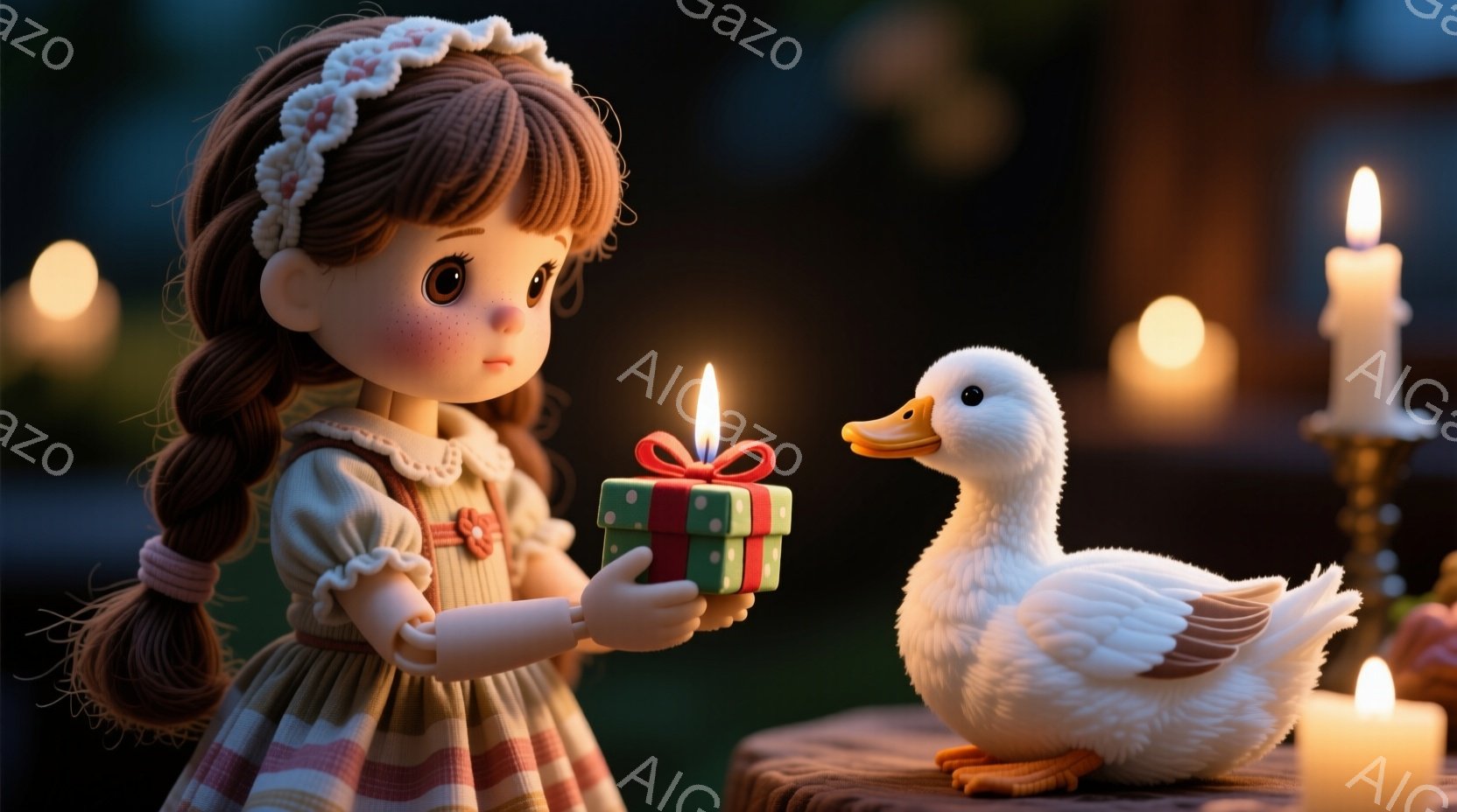 少女は、ストライプのドレスと白いリボンで飾られた茶色の髪をしています。彼女は緑色のリボンで結ばれた小さな緑色のプレゼントを片手に持ち、少し微笑んでいます。背景には、ろうそくの光と、白いアヒルが木製のテーブルに座っている様子が見え、温かく幻想的な雰囲気を醸し出しています。