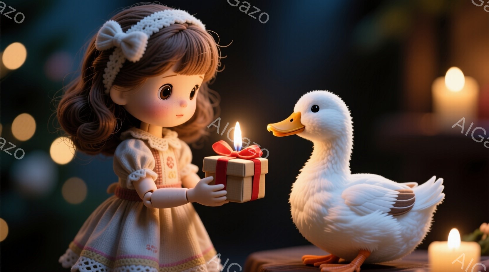 茶色の巻き毛の少女が、白いドレスと頭に白いリボンをつけて立っています。彼女は赤いリボンで結ばれた小さなプレゼントを手に持ち、白いアヒルの方へ差し出しています。背景にはぼやけた光のぼかしと、ちらちらと輝 - AI生成フリー素材