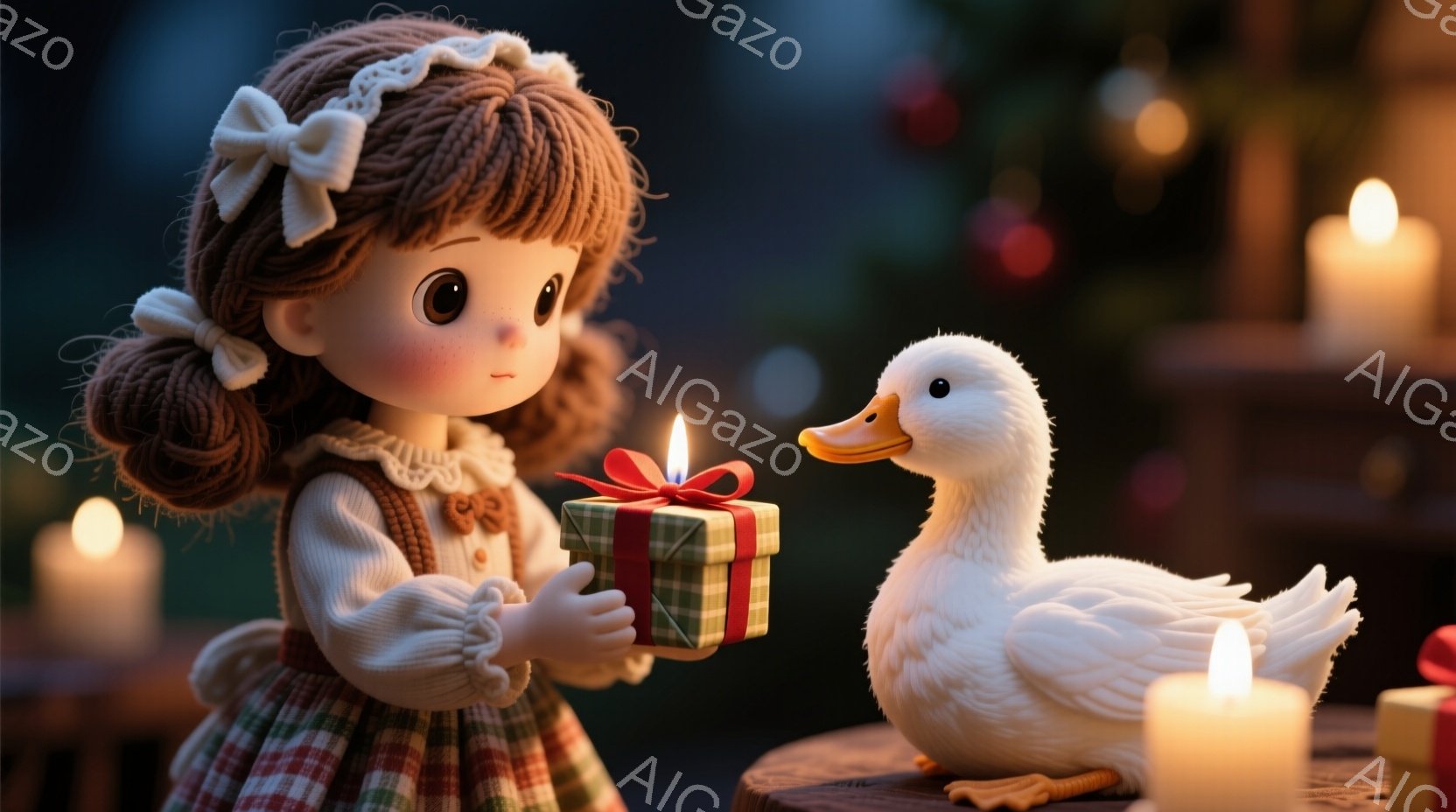 人形はクリーム色のセーターと赤と緑のチェックのスカートを着ており、茶色の巻き毛に赤いリボンをつけています。彼女は両手で緑色のリボンで結ばれた小さなプレゼントの箱を持っており、白いアヒルが彼女の正面に立っています。背景にはぼやけたクリスマスツリーと、灯されたキャンドルの暖かい光があり、全体的に温かく、お祝いの雰囲気を醸し出しています。