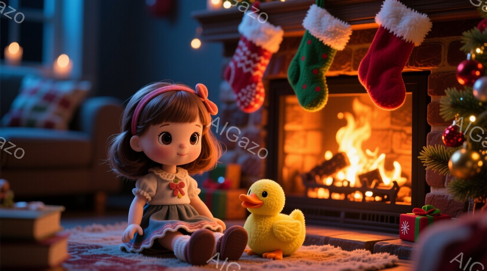 少女はピンクのリボンで結んだ茶色の髪を持ち、白い襟と赤いリボンが付いた灰色のドレスを着ています。彼女は明るい黄色のゴム鴨のおもちゃの隣に座って、わずかに微笑んでいます。背景には、暖炉の火、クリスマスソックス、そして光り輝くクリスマスツリーがあり、温かく居心地の良い雰囲気を作り出しています。