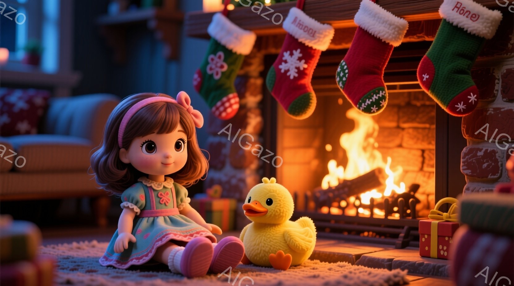 赤毛で巻き髪の少女が、薄いピンク色のドレスと靴を身に着け、床に座って黄色いアヒルのぬいぐるみと向き合っています。暖炉の火が暖かく照らし、背景にはクリスマスソックスが飾られています。全体的に温かく、ほっとするクリスマスの雰囲気が漂っています。
