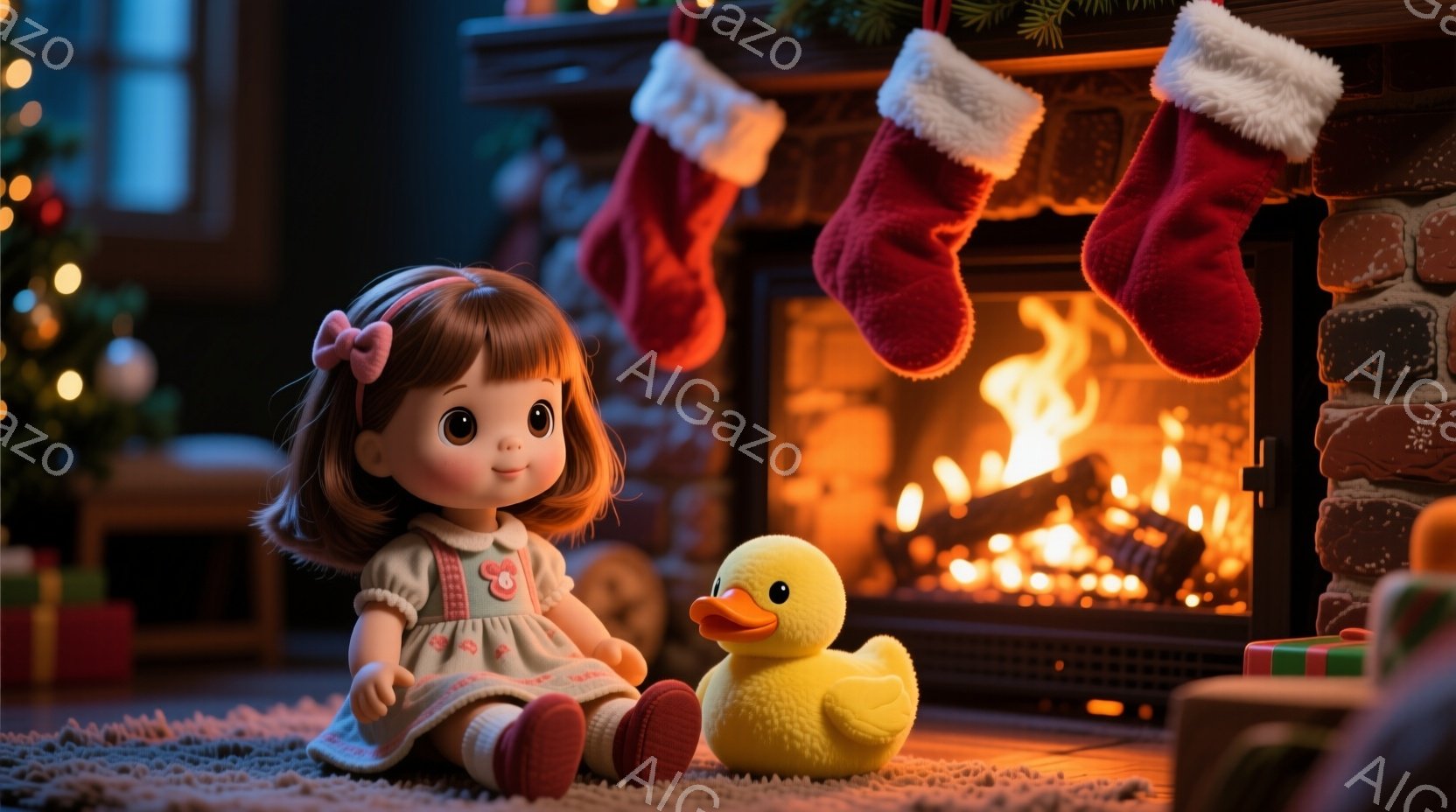 明るい暖炉の前に座っている人形と黄色いアヒルのおもちゃが写っています。人形はピンクのドレスと赤いリボンで髪を結び、可愛らしい表情をしています。背景にはクリスマスツリーとプレゼントの箱が見え、暖かく穏や - AI生成フリー素材