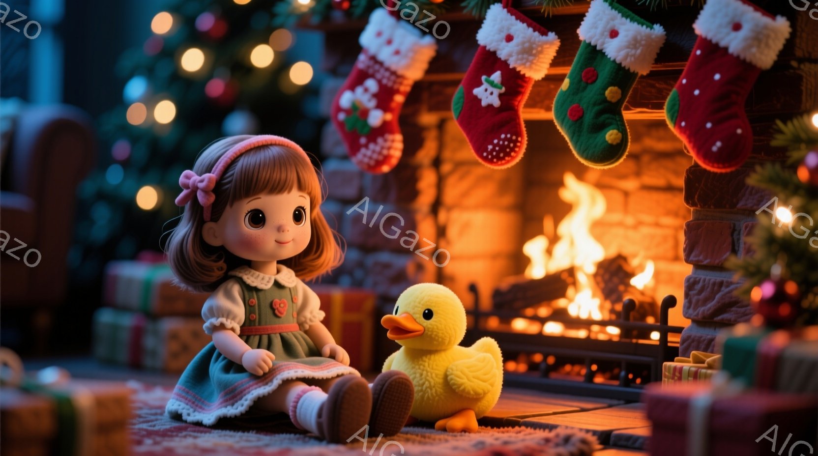 明るい赤毛の少女が、緑色のワンピースと赤いヘアバンドを身に着けて座っています。彼女の前に黄色いアヒルのぬいぐるみがあり、暖炉の炎とクリスマスツリーのキラキラした光に照らされています。背景にはカラフルな - AI生成フリー素材