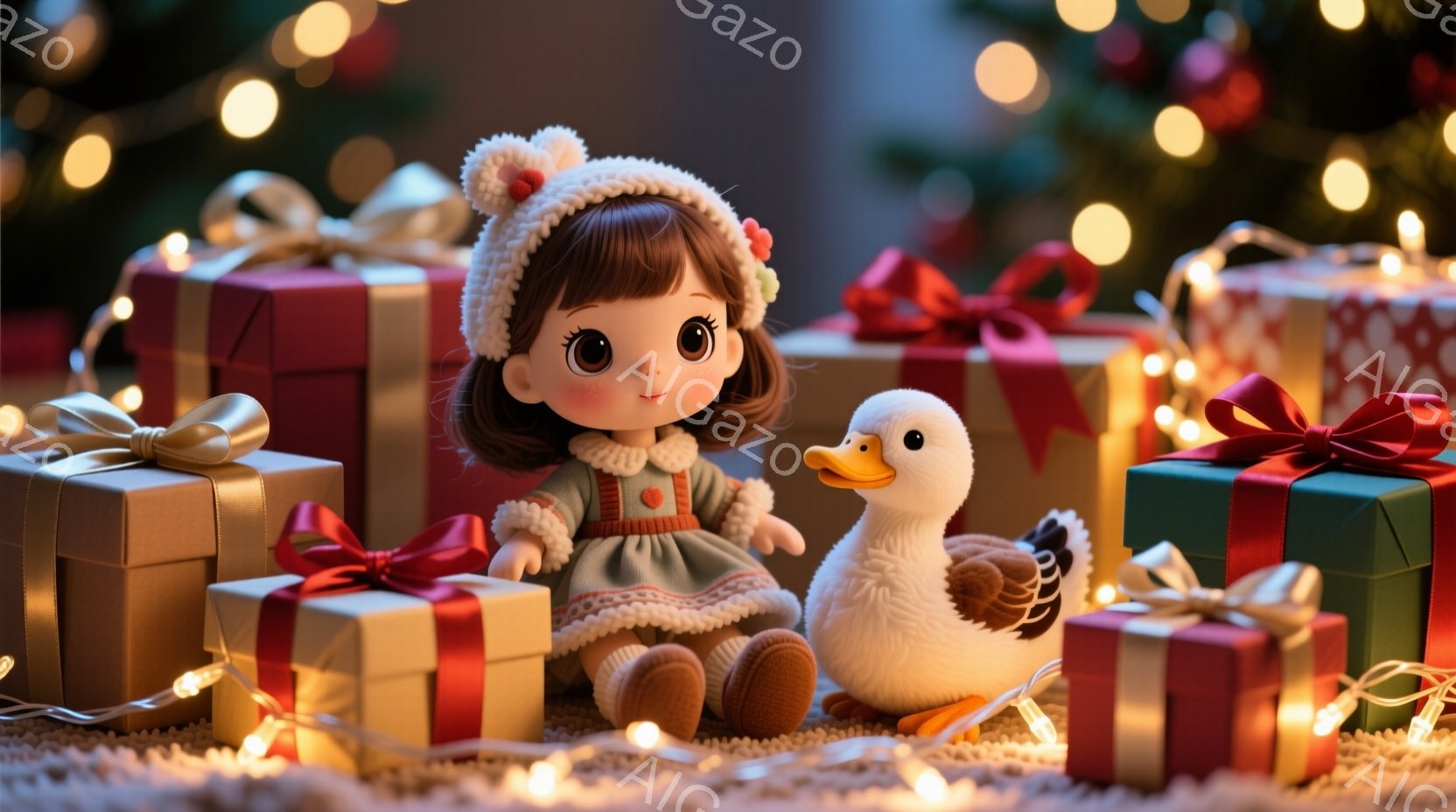 茶色の巻き毛の少女は、白いポンポン付きの帽子をかぶり、緑色のワンピースと茶色のブーツを履いています。彼女はプレゼントボックスに囲まれ、穏やかな表情で小さなアヒルのぬいぐるみと寄り添って座っています。背景にはぼやけたクリスマスツリーの光が輝き、全体的に暖かく、お祝いムードに満ちた雰囲気です。