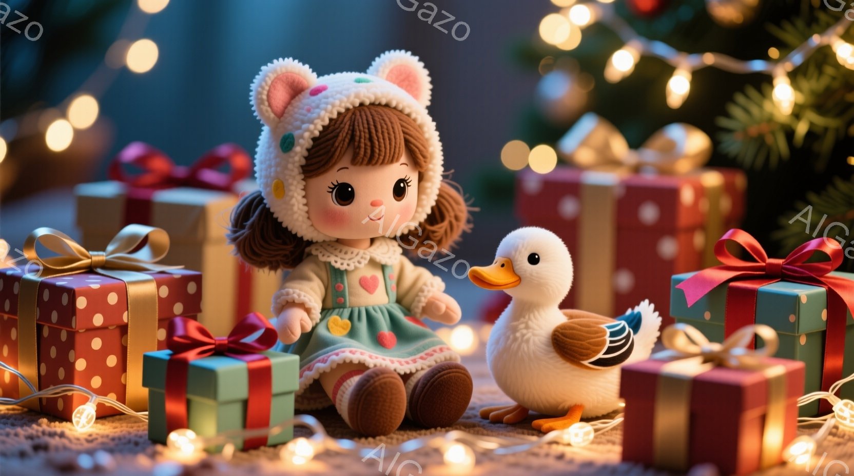 可愛らしい人形が、緑色のワンピースとクマの耳付き帽子を身につけて、プレゼントの山の中に座っています。人形は大きな目と微笑みを浮かべ、隣にはふわふわの白いアヒルのおもちゃが寄り添っています。背景にはぼや - AI生成フリー素材
