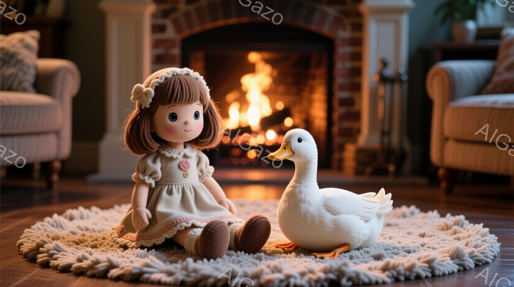 人形がベージュのワンピースと赤い靴を履き、フリルとリボンが付いた髪で座っています。白いアヒルが人形の横に座り、暖炉の火が背景を照らしています。全体的に暖かく、居心地の良い雰囲気で、リビングルームの床に柔らかいラグが敷かれています。