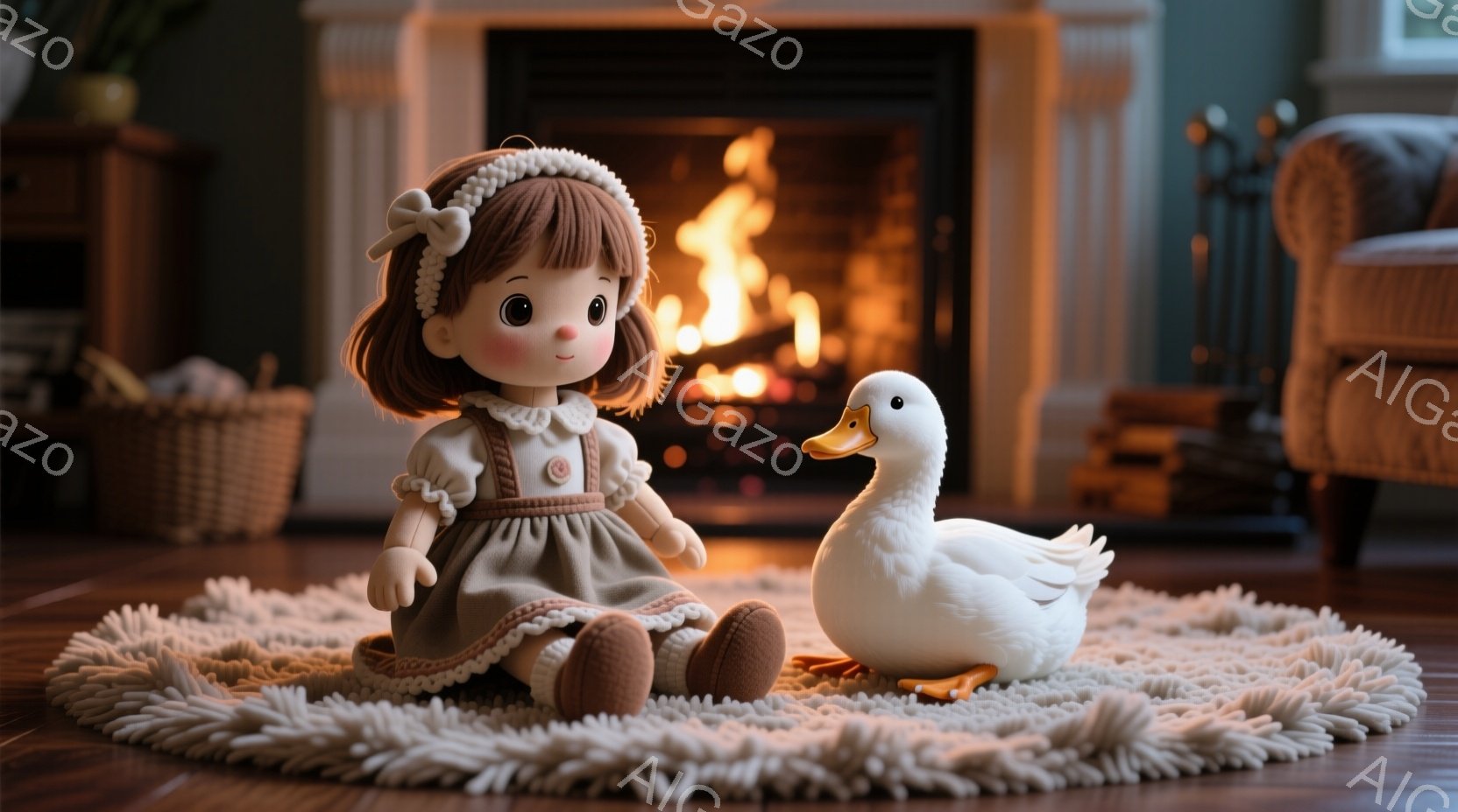 明るい茶色の巻き毛の髪に白いリボンをつけた少女の人形が、茶色のワンピースを着て丸いラグの上に座っています。白いアヒルの置物が人形の隣に立っており、背景には暖炉があり、炎が燃えています。全体的に、暖かく - AI生成フリー素材
