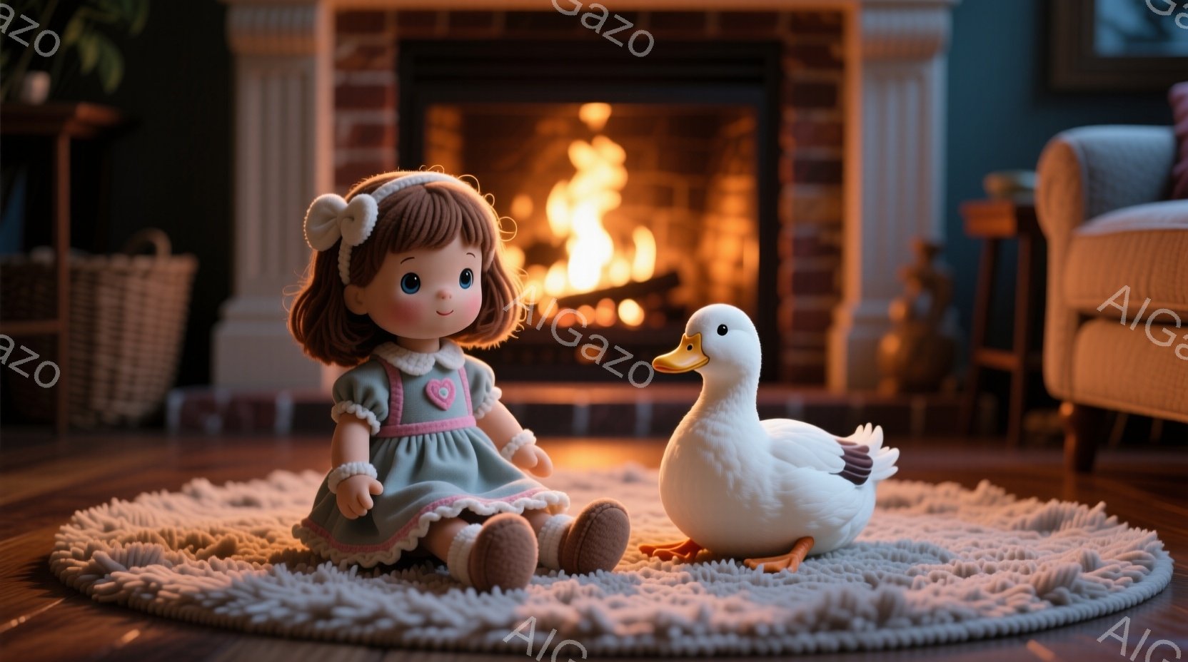 茶色の髪をリボンで結んだ少女の人形が、水色のワンピースを着て床に座っています。白いアヒルのおもちゃが人形の隣に立っており、暖炉の火が背景を照らしています。全体的に暖かく、家庭的な雰囲気で、木製の床と柔らかいラグが心地よさを演出しています。