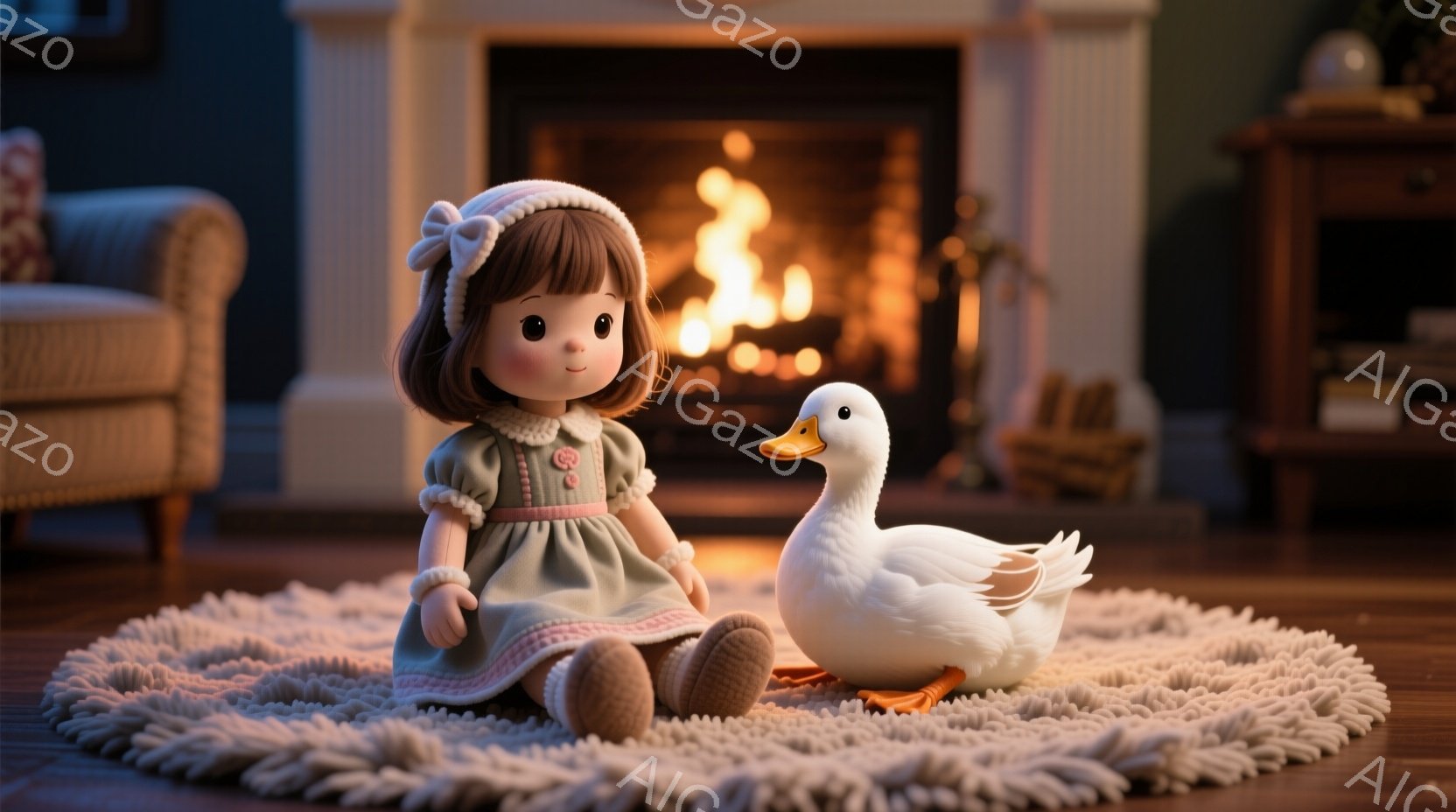 暖炉の前で、人形とアヒルが寄り添って座っています。人形はクリーム色の帽子と水色のワンピースを着ており、優しい笑顔を浮かべています。背景には木製の家具と、暖炉の火が暖かく灯る居間が広がっています。