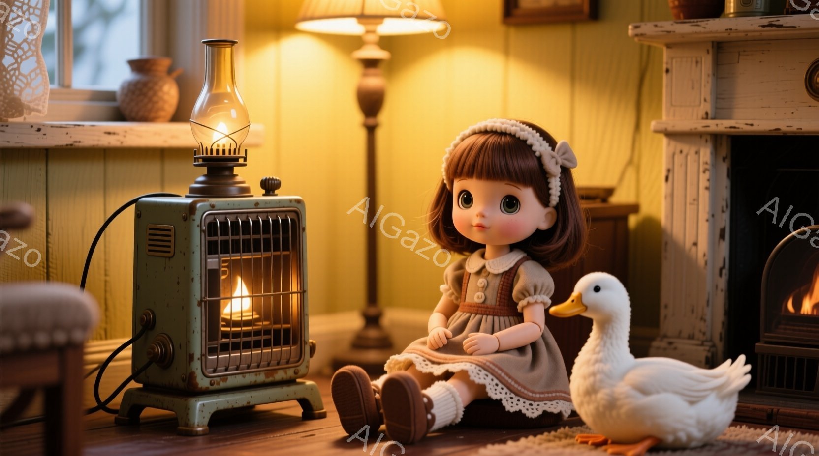 茶色の巻き毛にピンクのリボンをつけた少女が、薄緑色の石油ストーブの前に座っています。グレーのワンピースに茶色の靴を履き、少し物憂げな表情をしています。背景には窓から差し込む光、古風なランプ、暖炉の火が見え、温かくノスタルジックな雰囲気です。