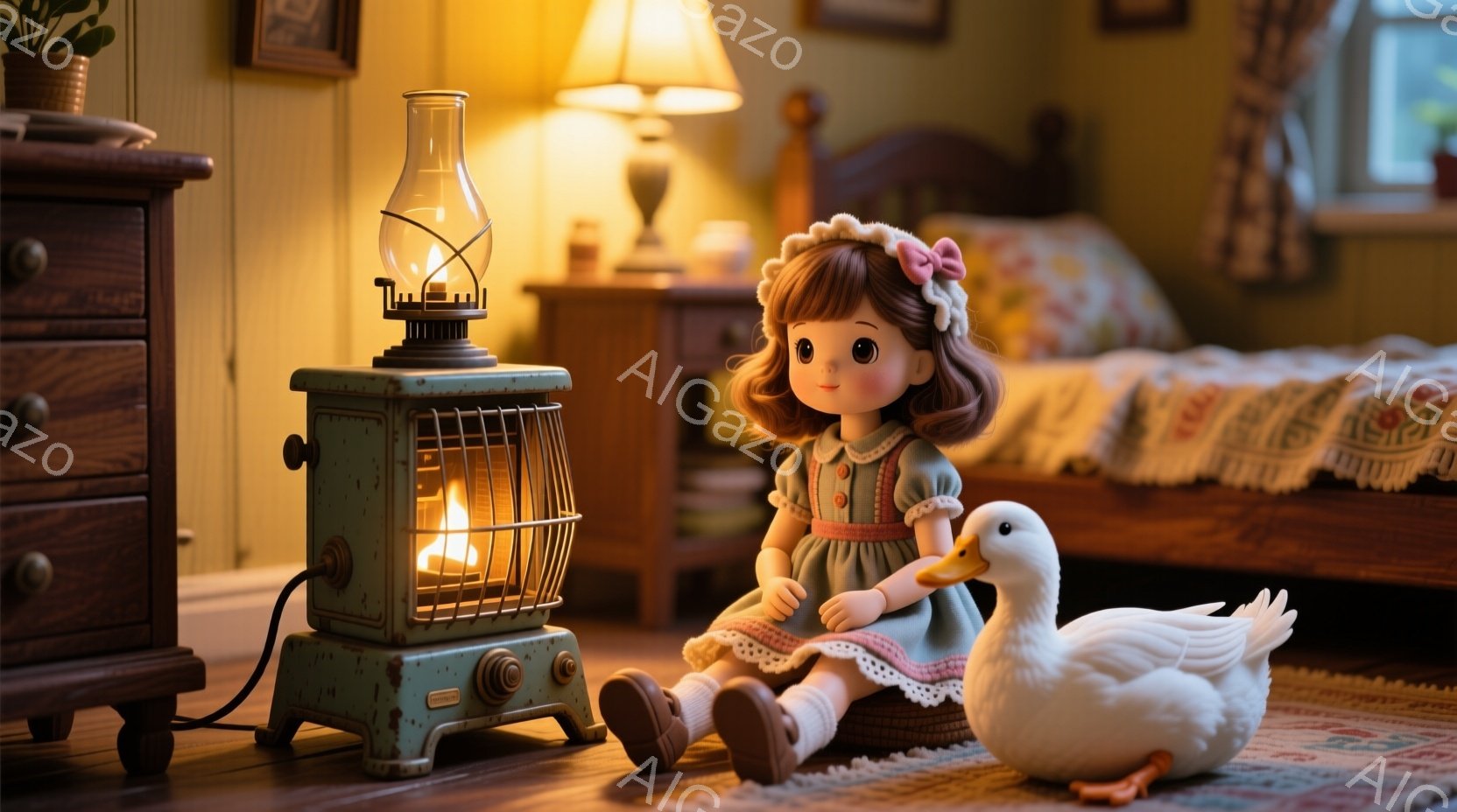暖炉の前に座る少女は、淡い緑色のワンピースと茶色の靴を履いており、茶色の巻き毛にピンクのリボンをつけています。彼女は膝を抱え、穏やかな表情を浮かべており、隣には白いアヒルのぬいぐるみが寄り添っています。背景には木製の家具とベッドが見え、暖色系の照明が部屋全体を温かく照らし、落ち着いた雰囲気を醸し出しています。