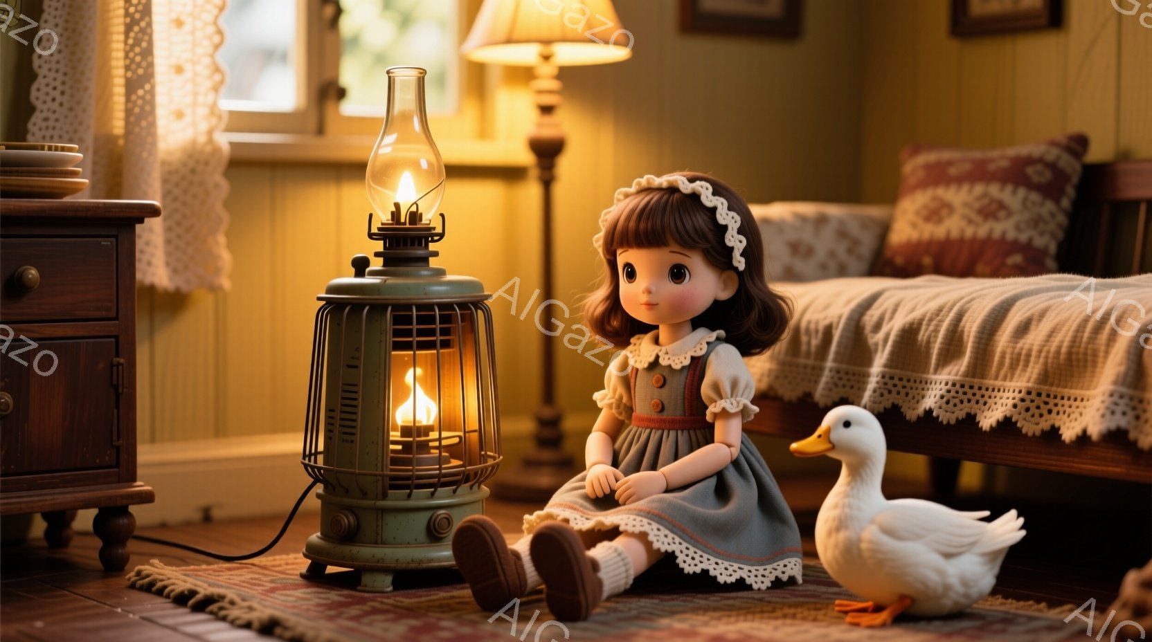 明るい色彩の少女が、緑色のオイルランプと白いアヒルと一緒に床に座っています。彼女は灰色のワンピースに、白のレース襟とリボンをつけ、茶色のカールした髪型をしています。背景には木製の家具やベッドがあり、暖かく落ち着いた雰囲気の室内です。