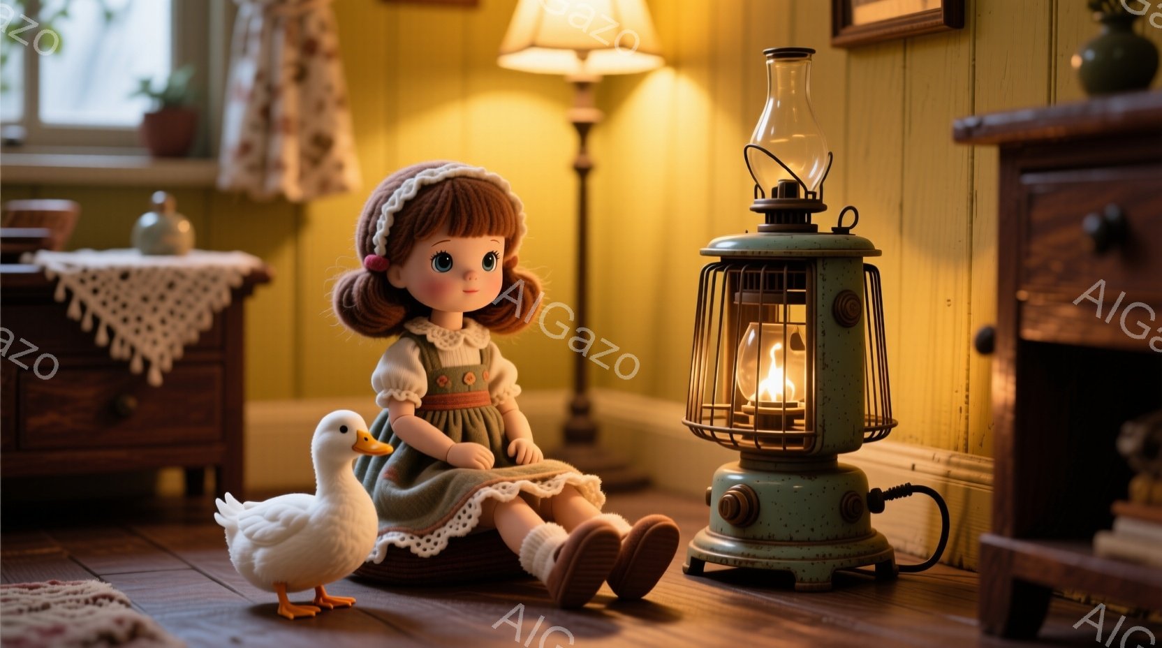 少女は、緑色のワンピースと赤い髪飾りをつけ、膝を抱えて座っています。隣には白いアヒルのおもちゃがおり、背景には暖炉のようなランタンと木製の家具が見えます。全体的に温かく、懐かしい雰囲気の室内が表現され - AI生成フリー素材