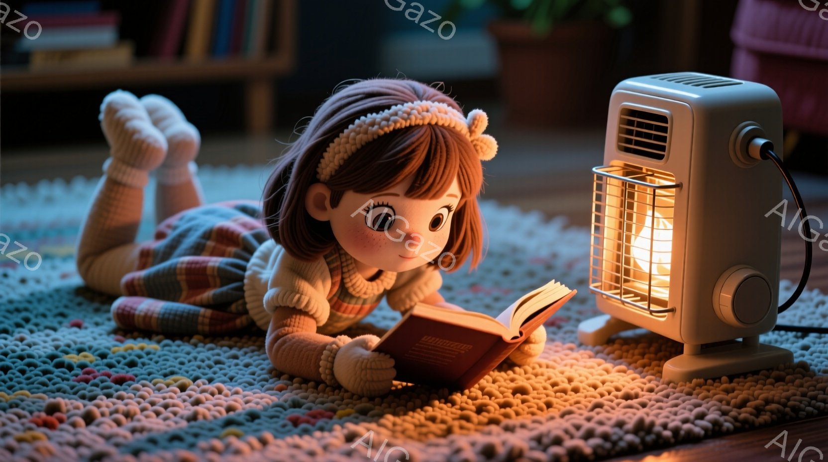 茶色の巻き毛に白いヘッドバンドをつけた少女が、カラフルなラグの上にうつ伏せになり、本を読んでいます。彼女はクリーム色のセーターとプラム色のズボンを着用しており、表情は集中していて、暖房器具の温かい光に - AI生成フリー素材