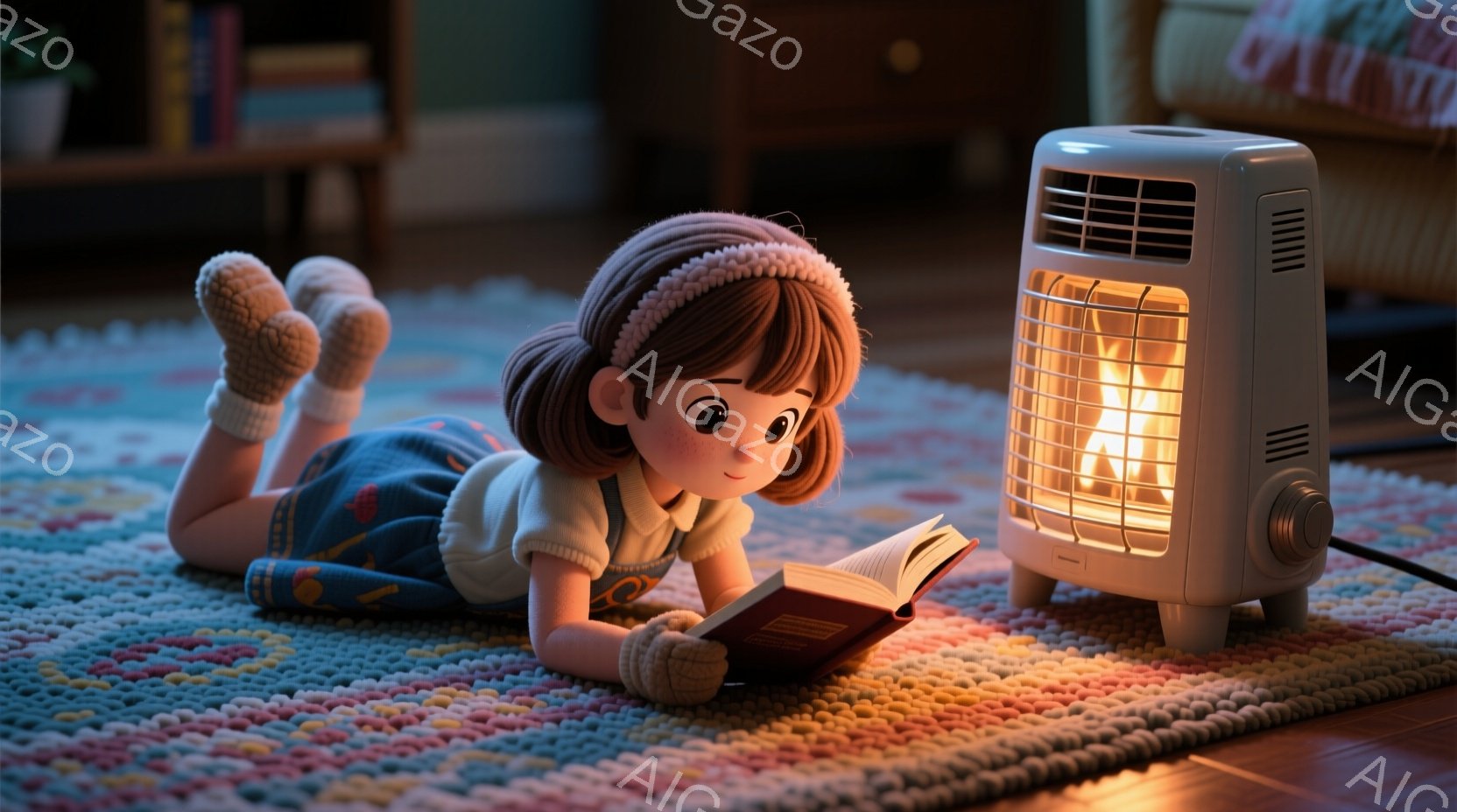 少女はカラフルなラグの上にうつ伏せになり、本を読んでいます。彼女はクリーム色のセーターと水色のスカートを着ており、茶色の髪はサイドに結ばれています。暖房器具が近くにあり、オレンジ色の光が彼女とラグを照 - AI生成フリー素材