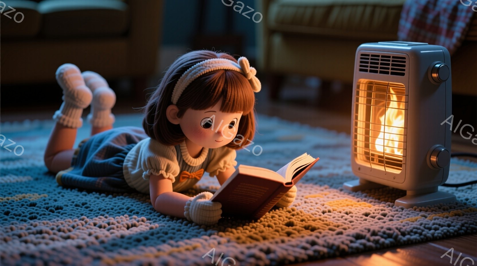 長い茶髪を頭に結び、赤いリボンをつけた少女が、カラフルな敷物の上で本を読んでいます。膝に小さなクマのぬいぐるみを抱え、ピンクのセーターとスカートを着ています。背景には、暖房器具の光が暖かく照らし、居心地の良い雰囲気が漂っています。