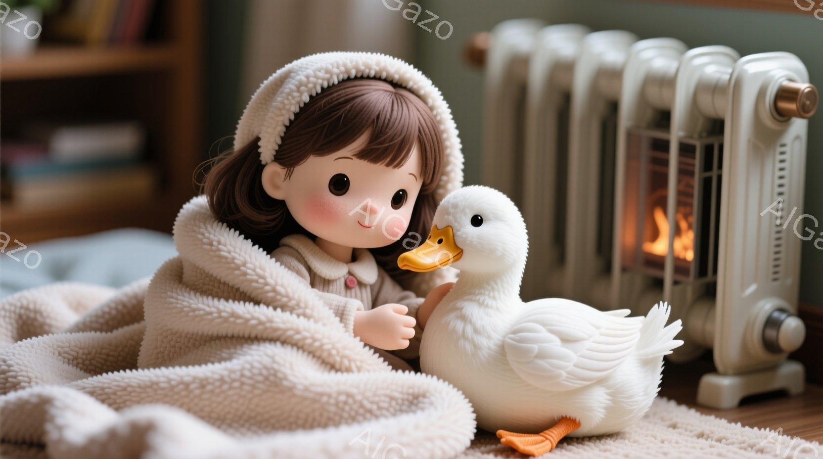 温かい毛布に包まれた少女が、白いアヒルのぬいぐるみを抱きかかえています。彼女は茶色の短い髪で、頬はほんのり赤く、穏やかな表情を浮かべています。背景には、暖炉のような暖房器具と本棚が見え、全体的に暖かく、居心地の良い雰囲気が漂っています。