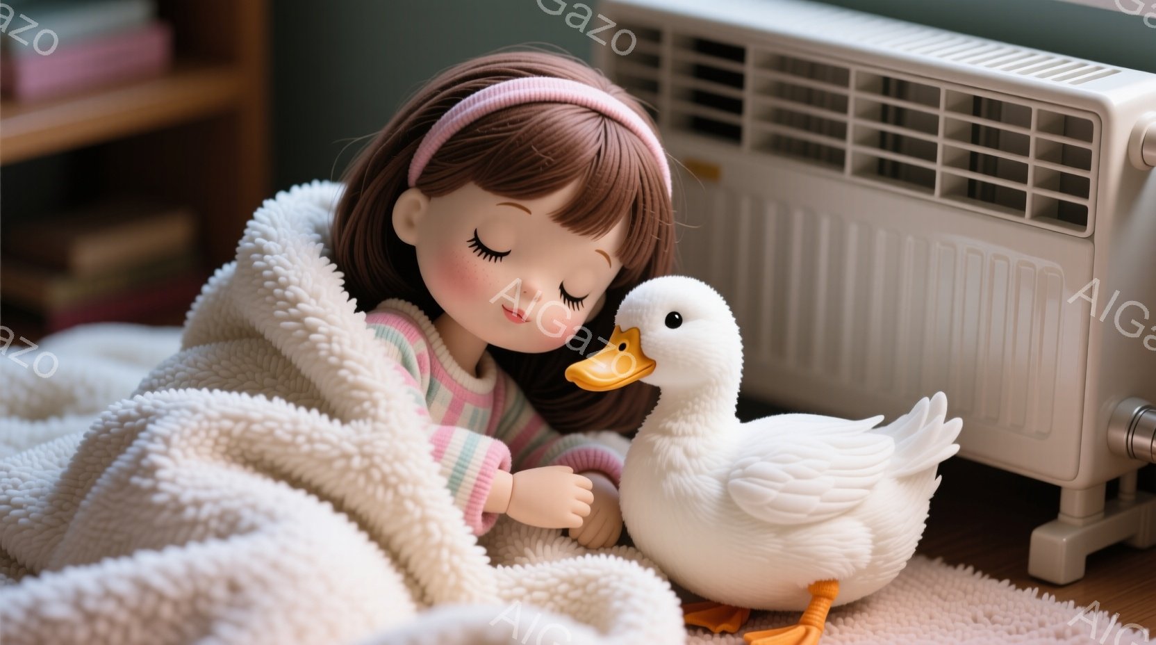 茶色の髪を横に分けた女の子が、ピンク色のヘッドバンドをつけて毛布にくるまっています。彼女は目を閉じてリラックスした表情をしており、白いアヒルのおもちゃを抱きしめています。背景には白い暖房器具があり、全体的に暖かく穏やかな雰囲気が漂っています。