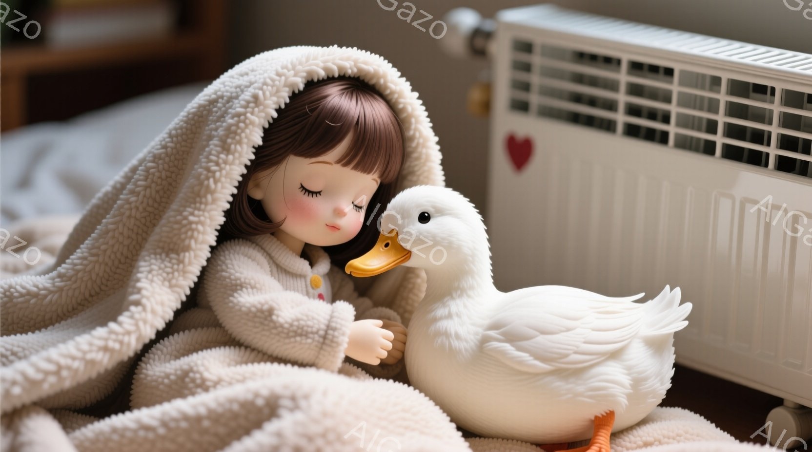 少女は柔らかいオフホワイトの毛布に包まれ、目を閉じて眠っているように見えます。彼女はクリーム色のセーターを着ており、短い茶色の髪はふんわりとカールしています。背景には白いヒーターと白いアヒルのおもちゃがあり、全体的に暖かく穏やかな雰囲気を醸し出しています。