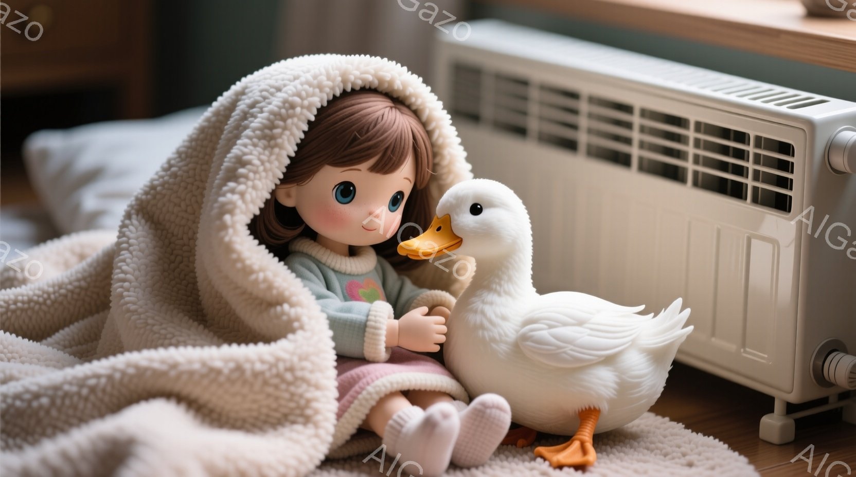 茶色の巻き髪の少女が、薄いピンク色のスカートと薄緑色のセーターを着て、ふわふわの白いブランケットに包まれています。少女は両手を組んで座り、優しい表情をしています。背景にはオフホワイトのヒーターがあり、柔らかく温かい雰囲気です。