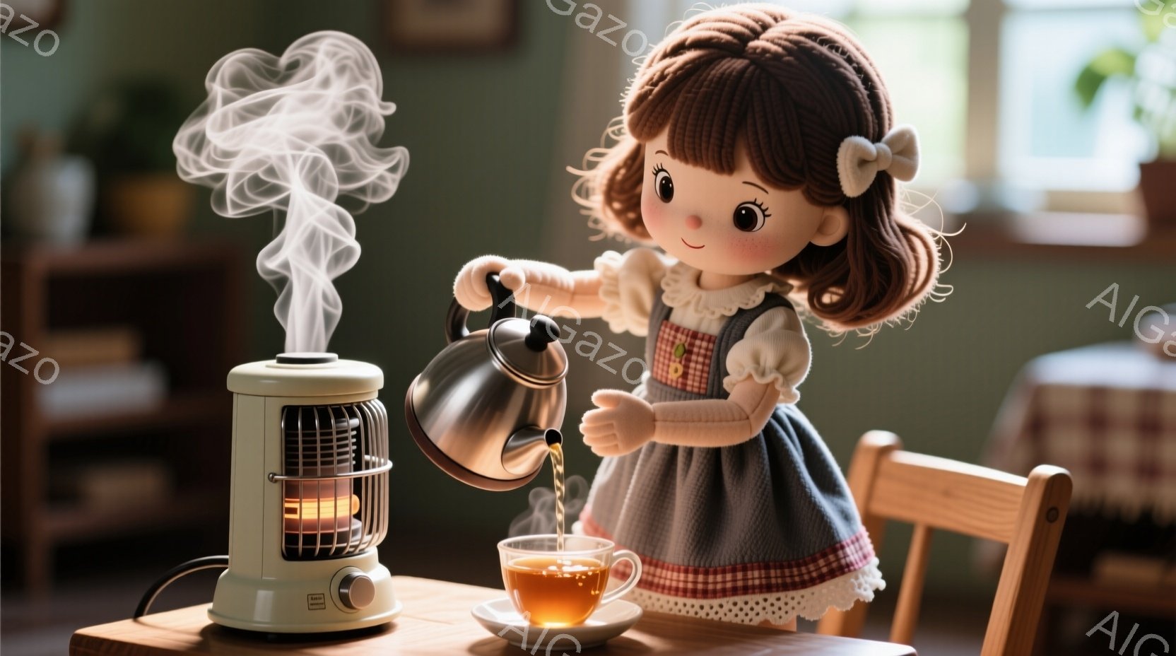 茶色のカールした髪に白いリボンをつけた少女が、温かいお茶をカップに注いでいます。灰色のワンピースに、赤い格子柄のエプロンを身につけており、可愛らしい印象を与えます。背景には暖房器具と木製の椅子が見え、柔らかい光が差し込む室内は、穏やかで温かい雰囲気に包まれています。