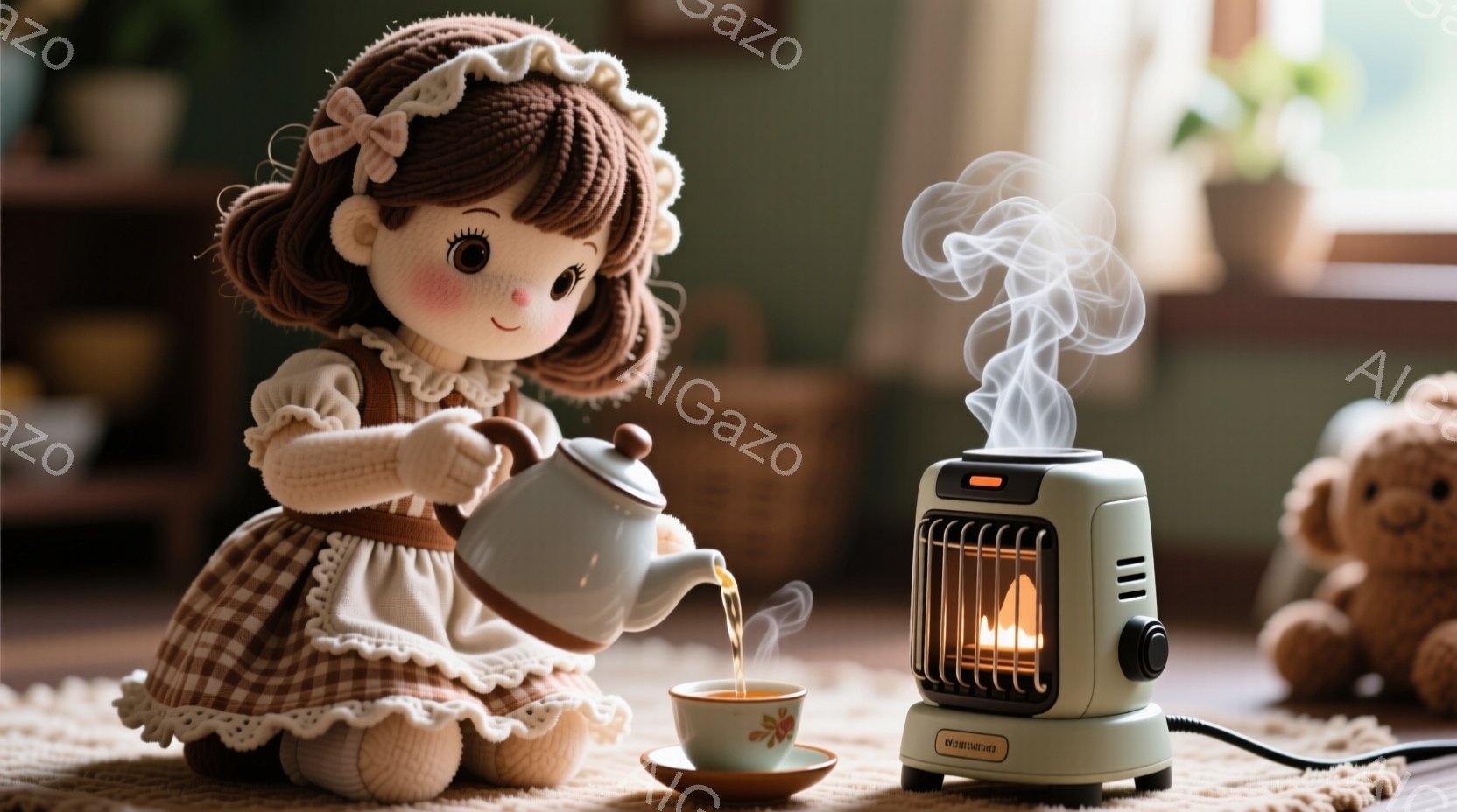 明るい茶色の巻き毛に赤いリボンをつけた人形が、ベージュ色のセーターと水玉模様のスカートを着て、湯呑みに紅茶を注いでいます。背景には、暖炉のような電気ストーブがあり、湯気を立てています。全体的に、暖かく、居心地の良い、冬の午後の雰囲気が漂っています。