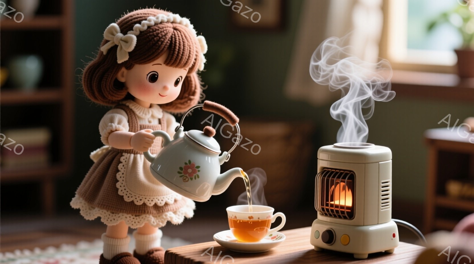 可愛らしい人形が、白いエプロンと茶色のワンピースを着て、温かいお茶をカップに注いでいます。人形はカールした茶色の髪をしており、優しい笑顔を浮かべています。背景には木製のキャビネットと暖炉があり、全体的に温かく居心地の良い雰囲気です。