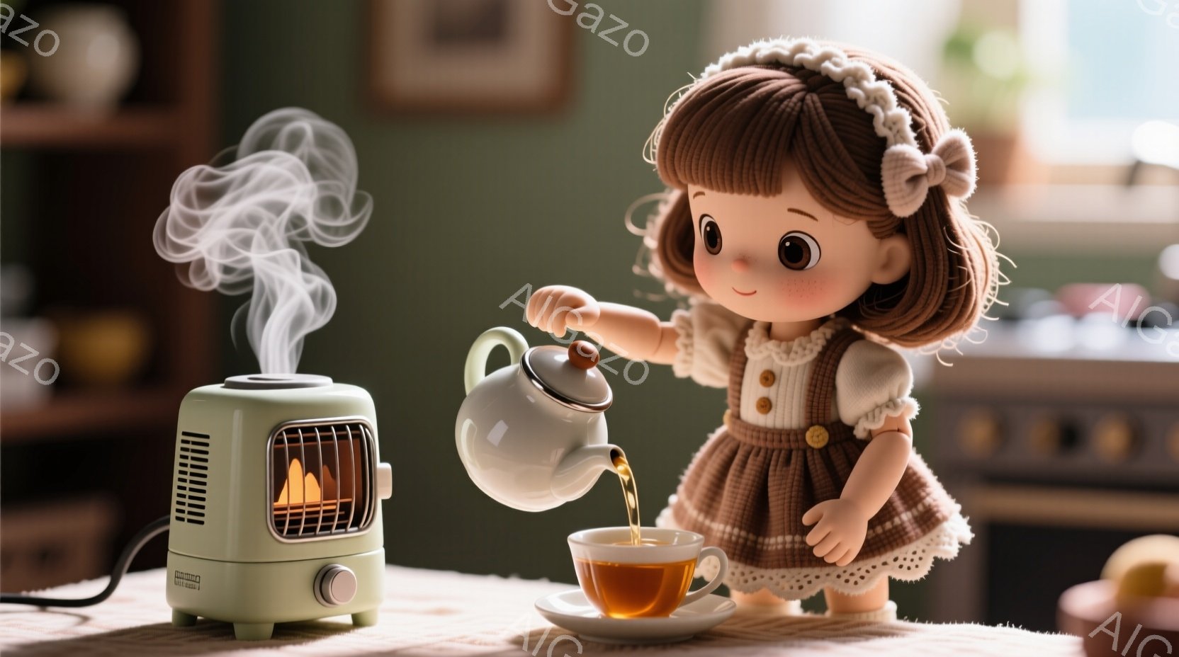 茶色の巻き毛にリボンをつけた少女が、温かいお茶をカップに注いでいる。少女はクリーム色の水玉模様のワンピースを着ており、暖炉型のヒーターが背景に暖かさを添えている。背景には木製の棚とキッチンが見え、全体的に温かく居心地の良い雰囲気が漂っている。