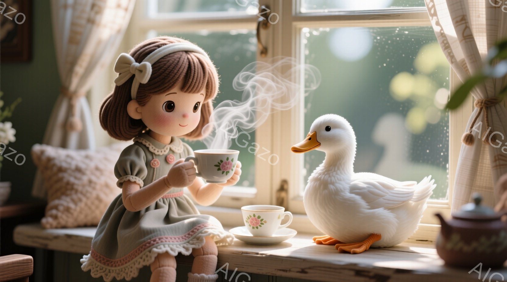 可愛らしい少女が窓辺で湯気の立つカップを手に微笑んでいます。彼女は薄い緑色のフリル付きのワンピースと白いリボンで髪を結い、優しい表情をしています。背景には雨の日の風景が広がり、窓辺には茶色のティーポッ - AI生成フリー素材