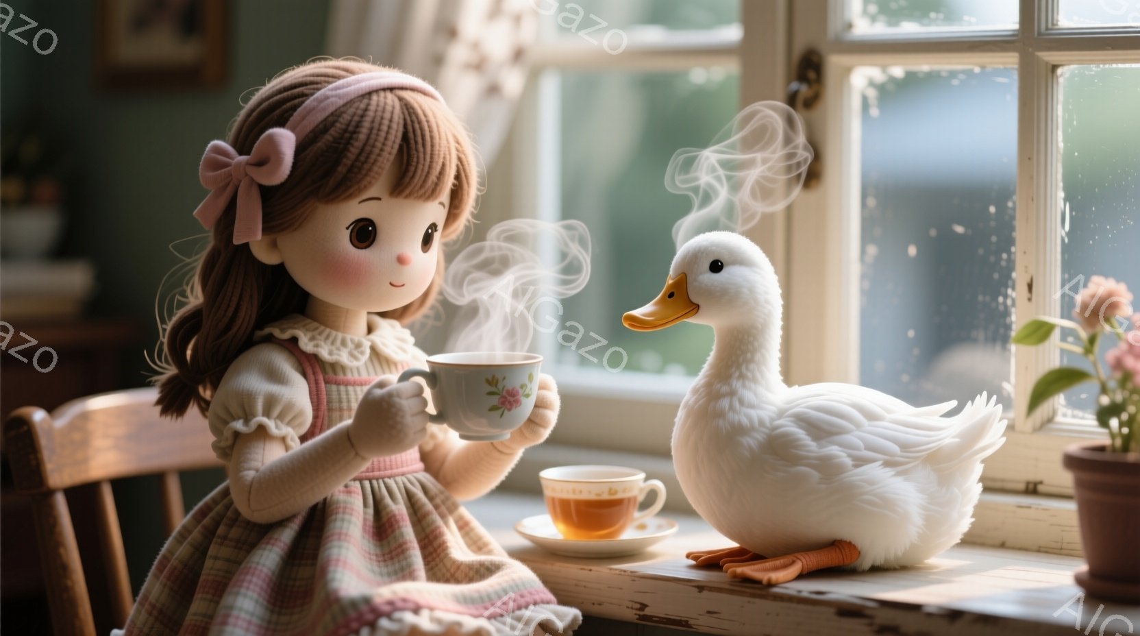 少女はチェック柄のワンピースに、ピンクのリボンをつけて髪をサイドに分けている。彼女は湯気の立つカップを持って微笑んでおり、隣には白いアヒルが寄り添っている。背景には窓枠と植物が見え、穏やかで温かい雰囲 - AI生成フリー素材