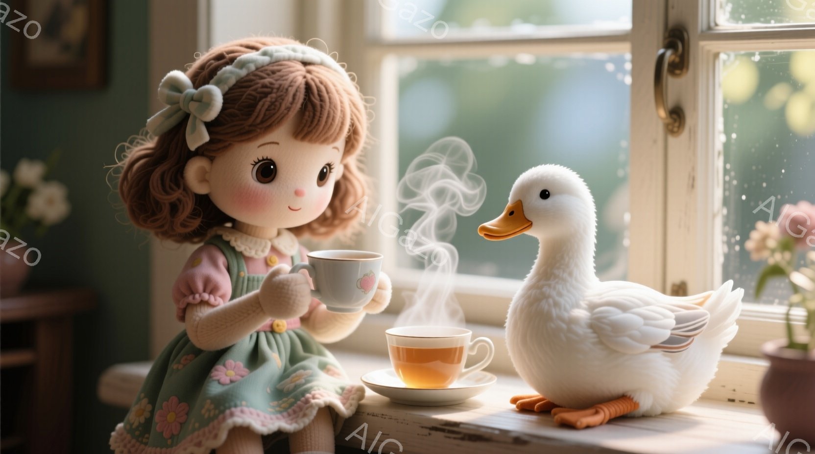 明るい茶色の巻き毛に、ピンクのリボンをつけた少女が、薄緑色の花柄のワンピースを着ています。彼女は温かいお茶の入ったカップを両手で持って、微笑んでいます。窓の外には緑豊かな風景が広がり、雨が降っているよ - AI生成フリー素材