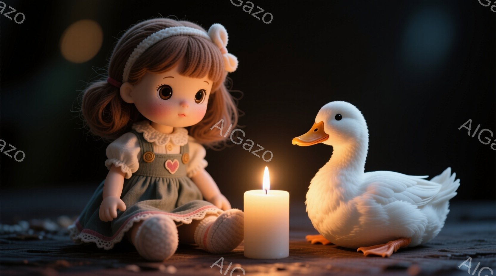 赤毛の髪を少しカールさせた少女の人形が、薄緑色のオーバーオールを着て、木製の床に座っています。人形の横には白いキャンドルが灯っており、その隣には白いアヒルの置物が立っています。背景は暗く、温かい光がキ - AI生成フリー素材
