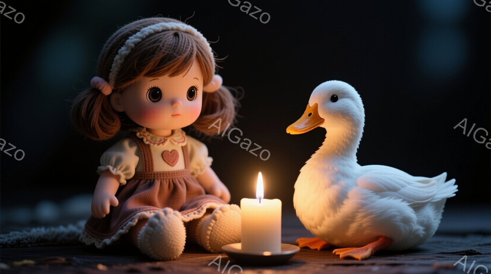 赤毛の巻き髪にピンク色のリボンをつけた少女の人形が、茶色のワンピースを着て座っています。その前には火の灯った白い蝋燭が置かれ、その隣には白いアヒルのおもちゃが立っています。背景は暗く、木製の床が見え、 - AI生成フリー素材