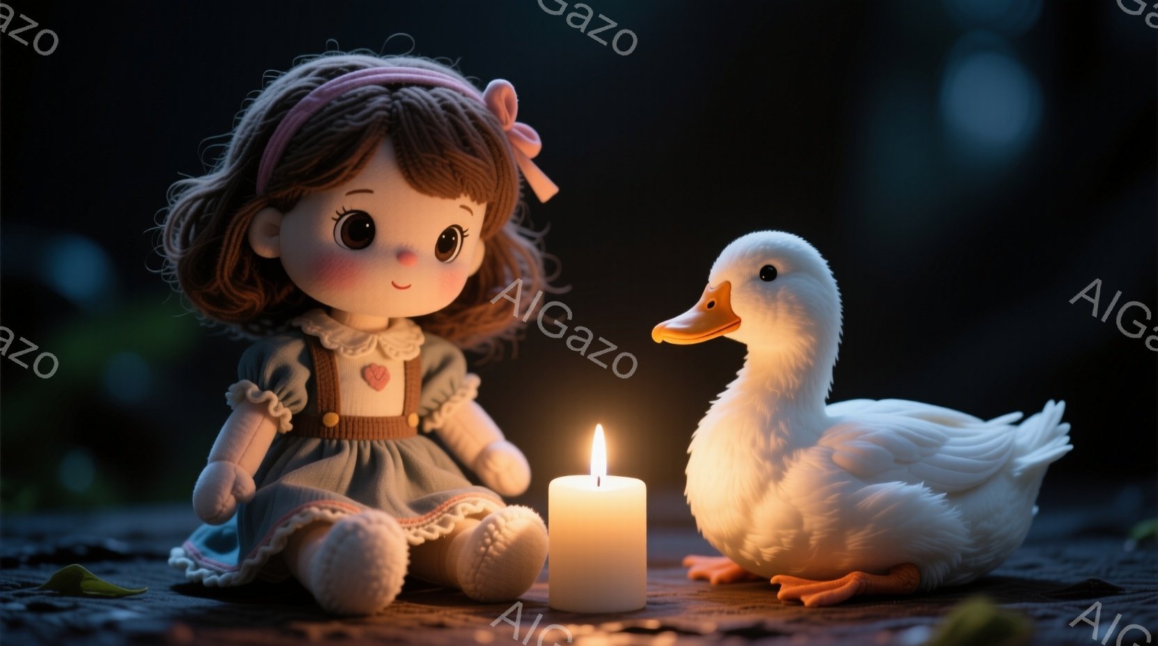 赤毛の巻き髪にピンクのリボンをつけた少女の人形が、灰色のワンピースを着て座っています。その前には光る白いキャンドルがあり、その隣には白いアヒルが寄り添っています。背景は暗く、木製のテーブルの上に置かれ - AI生成フリー素材