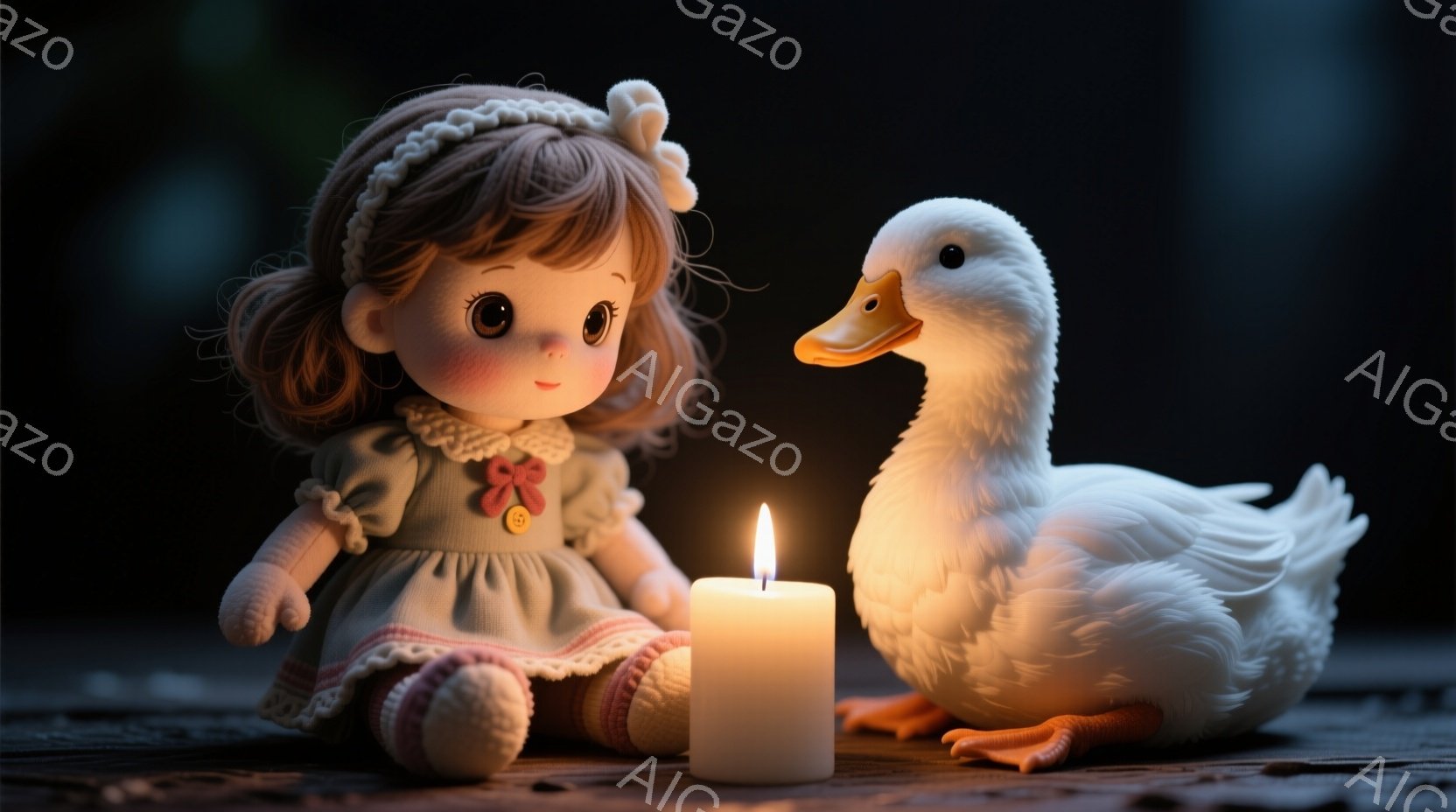 茶髪の巻き毛の少女の人形が、淡いピンク色のフリル付きのワンピースを着て座っています。その前には、炎が灯った白い蝋燭があり、右側には白いアヒルのおもちゃが寄り添っています。背景は暗く、木製のテーブルの上に置かれているようで、静かで幻想的な雰囲気を醸し出しています。