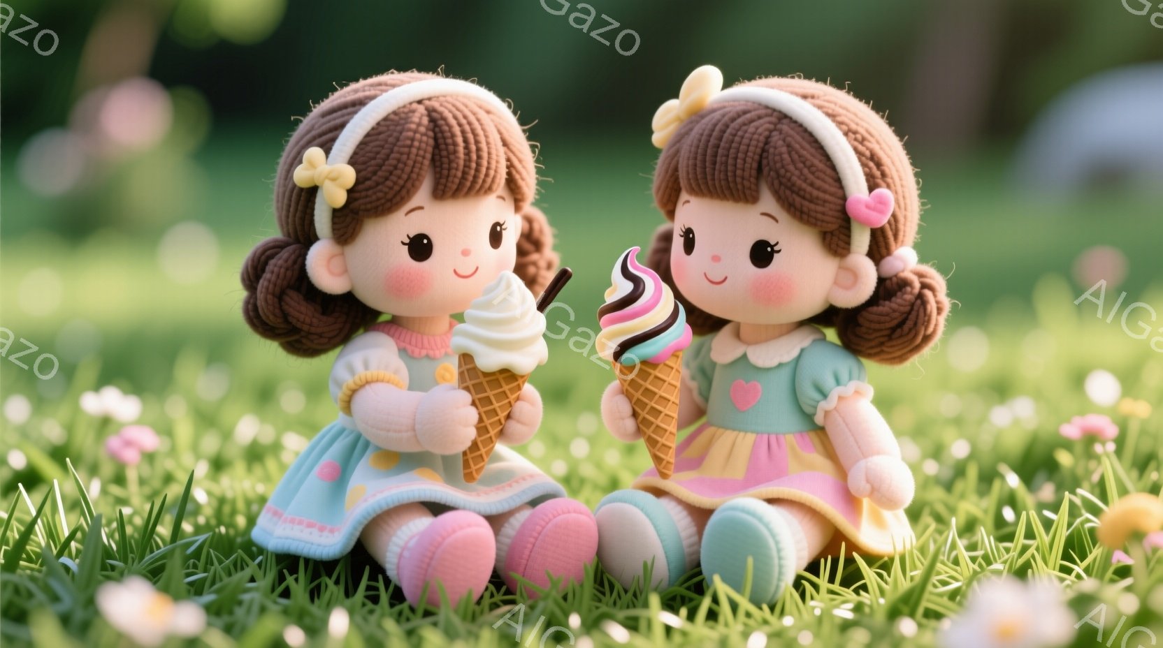 ふたつの人形が青いワンピースを着て、芝生の上に座っています。それぞれの手にソフトクリームを持っており、顔は愛らしい表情で、髪は茶色で巻き毛、黄色いリボンをつけています。背景には緑豊かな草地と、ぼやけた花々が広がり、暖かく優しい雰囲気を醸し出しています。